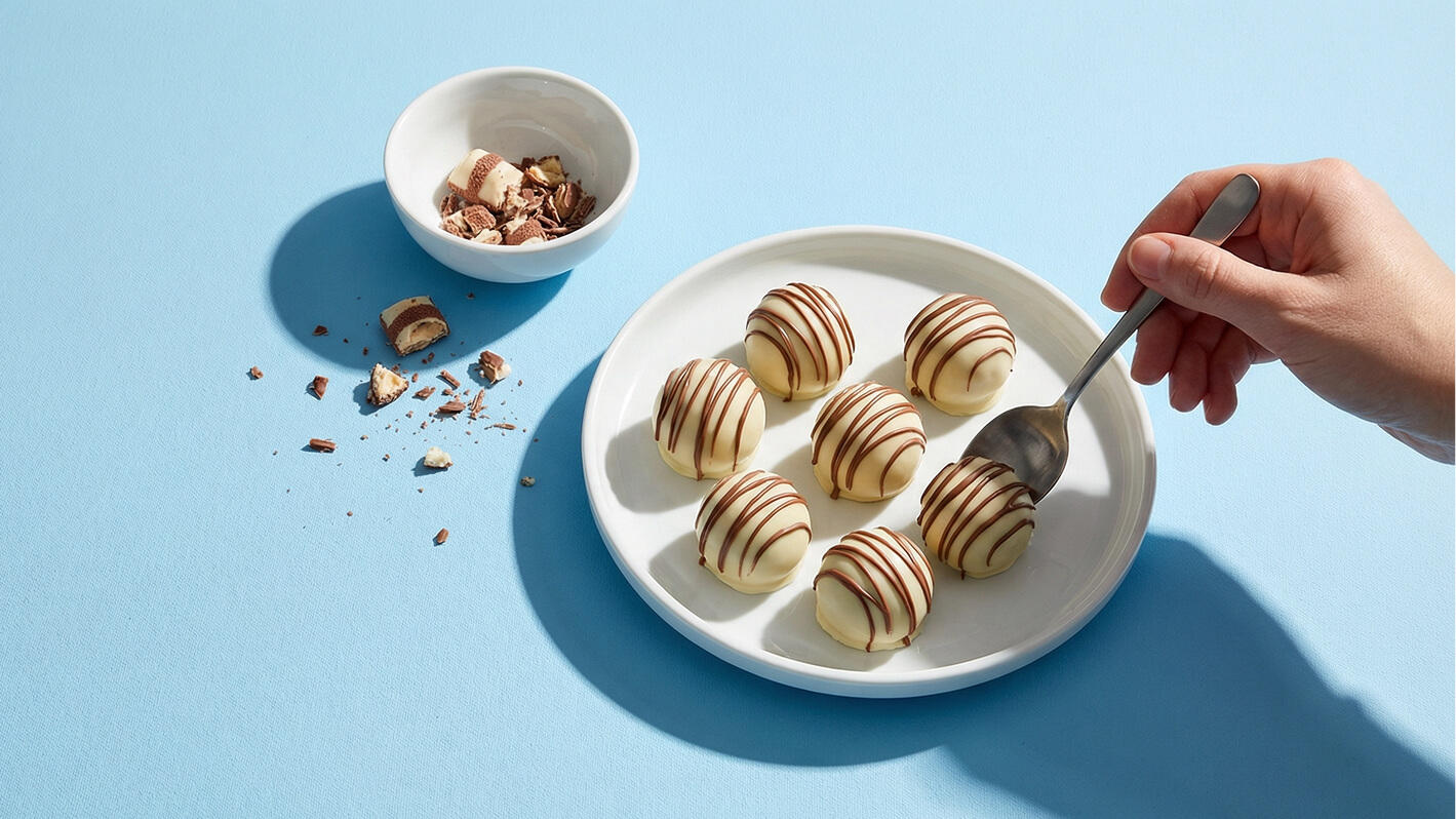 Auf einem weißen Teller liegen sechs runde, mit weißer Schokolade überzogene Pralinen, die mit Zartbitter-Schokoladenspiralen verziert sind. Eine Hand hält einen kleinen Löffel und ist dabei, eine der Pralinen zu servieren. Im Hintergrund ist eine Schüssel mit zerbrochenen Schokoladenstücken zu sehen.