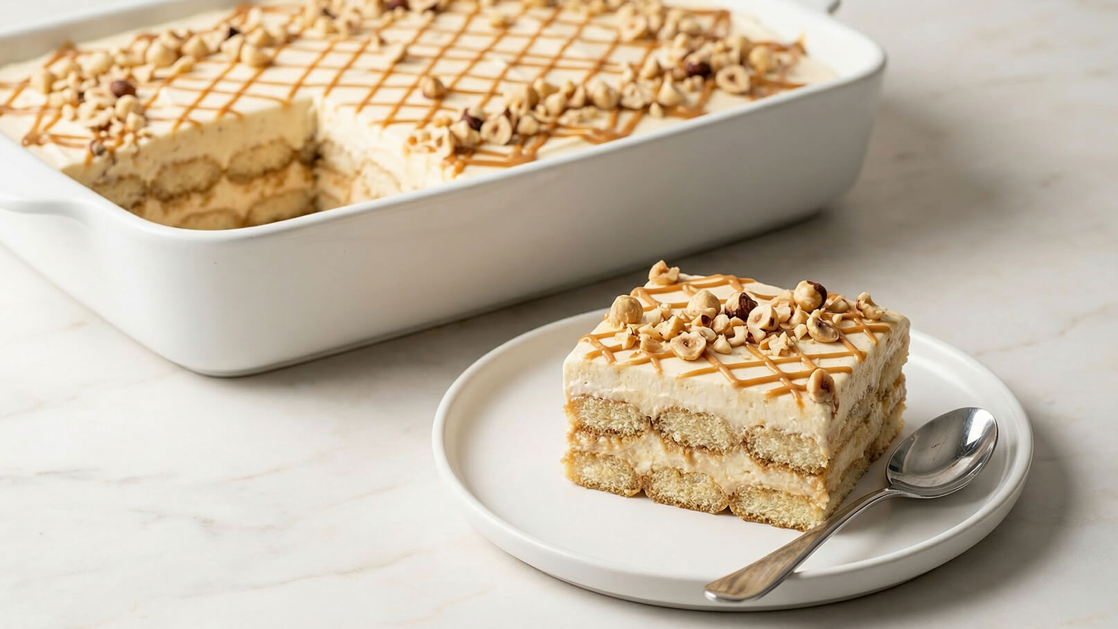 Ein Stück Torte auf einem Teller, daneben ein Löffel. Die Torte besteht aus mehreren Schichten, ist mit Sahne und einer Karamellsauce dekoriert und mit gehackten Nüssen bestreut. Im Hintergrund steht eine große Form, aus der ein Stück herausgenommen wurde.