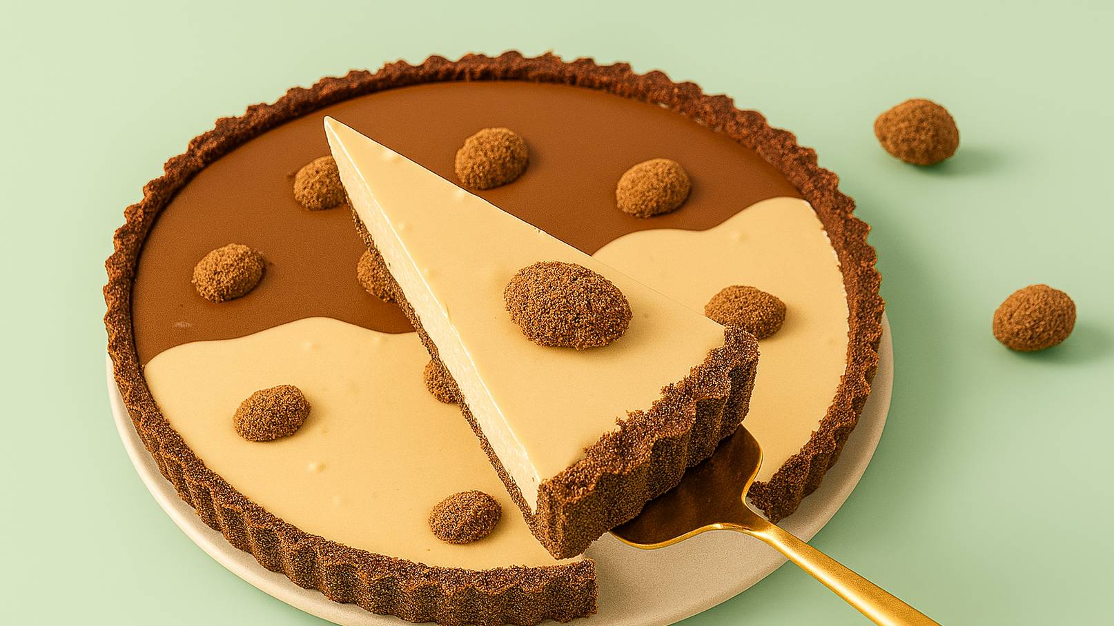 Ein runder Kuchen mit einer hellen und einer dunklen Schicht. Ein Stück wurde entnommen, und eine goldene Gabel steckt im restlichen Kuchen. Auf der Oberfläche sind dunkle Kugeln verteilt, die dem Kuchen dekorativen Akzent verleihen. Der Hintergrund ist zartgrün.