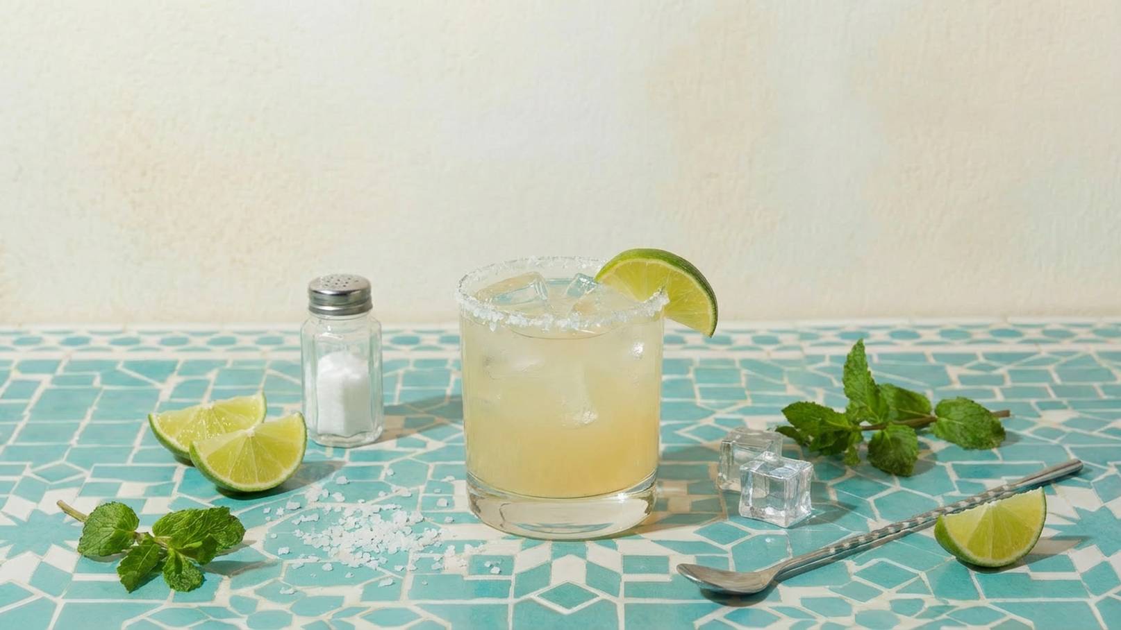 Ein erfrischendes Getränk in einem Glas mit Eiswürfeln, garniert mit einer Limettenscheibe und frischer Minze. Daneben befinden sich Limettenspalten, Salz und ein Löffel auf einem türkisfarbenen Mosaik-Muster.