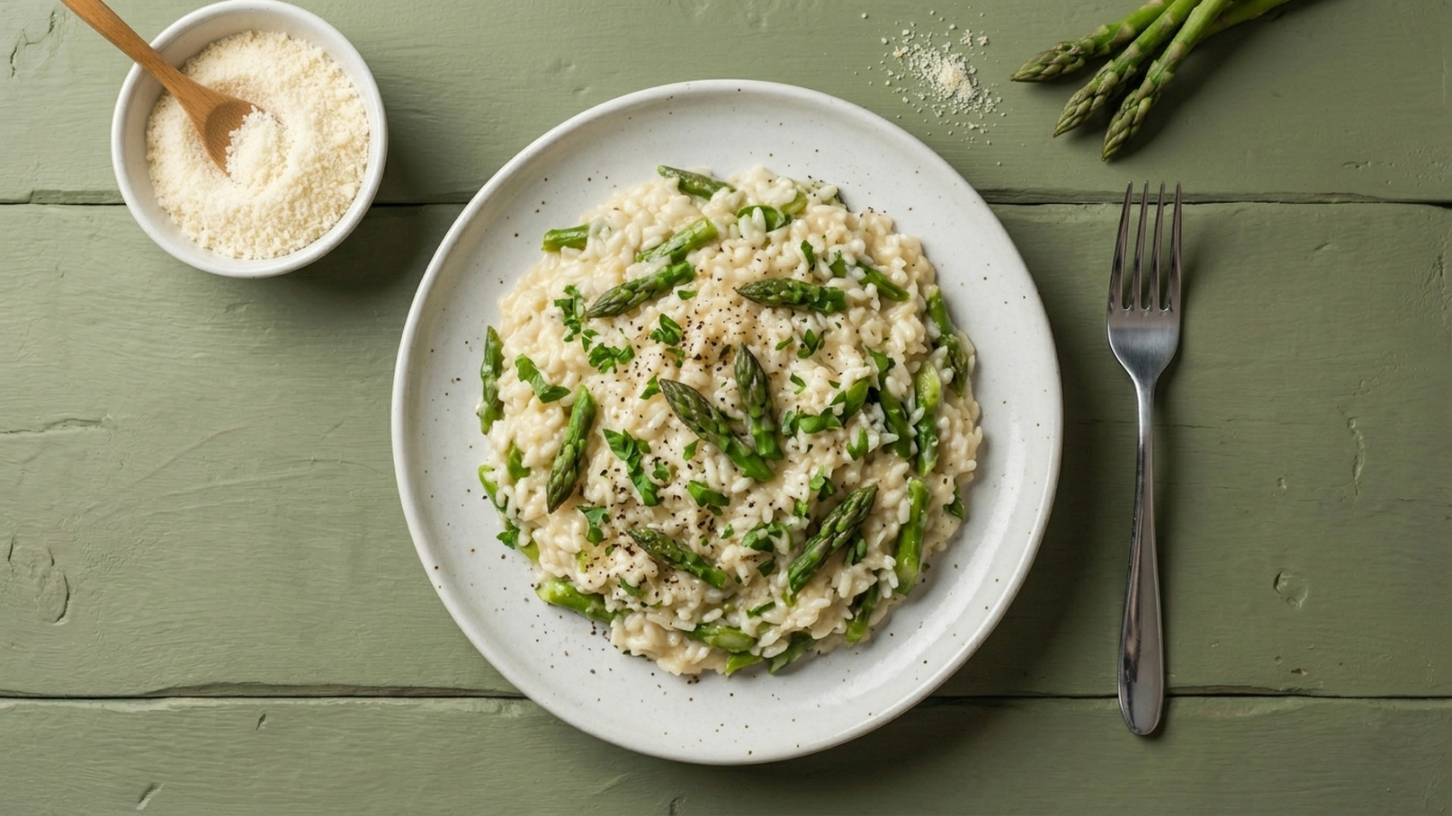 Ein Teller Risotto mit grünem Spargel, garniert mit schwarzem Pfeffer. Daneben befindet sich eine kleine Schüssel mit geriebenem Käse und ein Löffel. Das farblich abgestimmte Geschirr liegt auf einem Holzuntergrund.