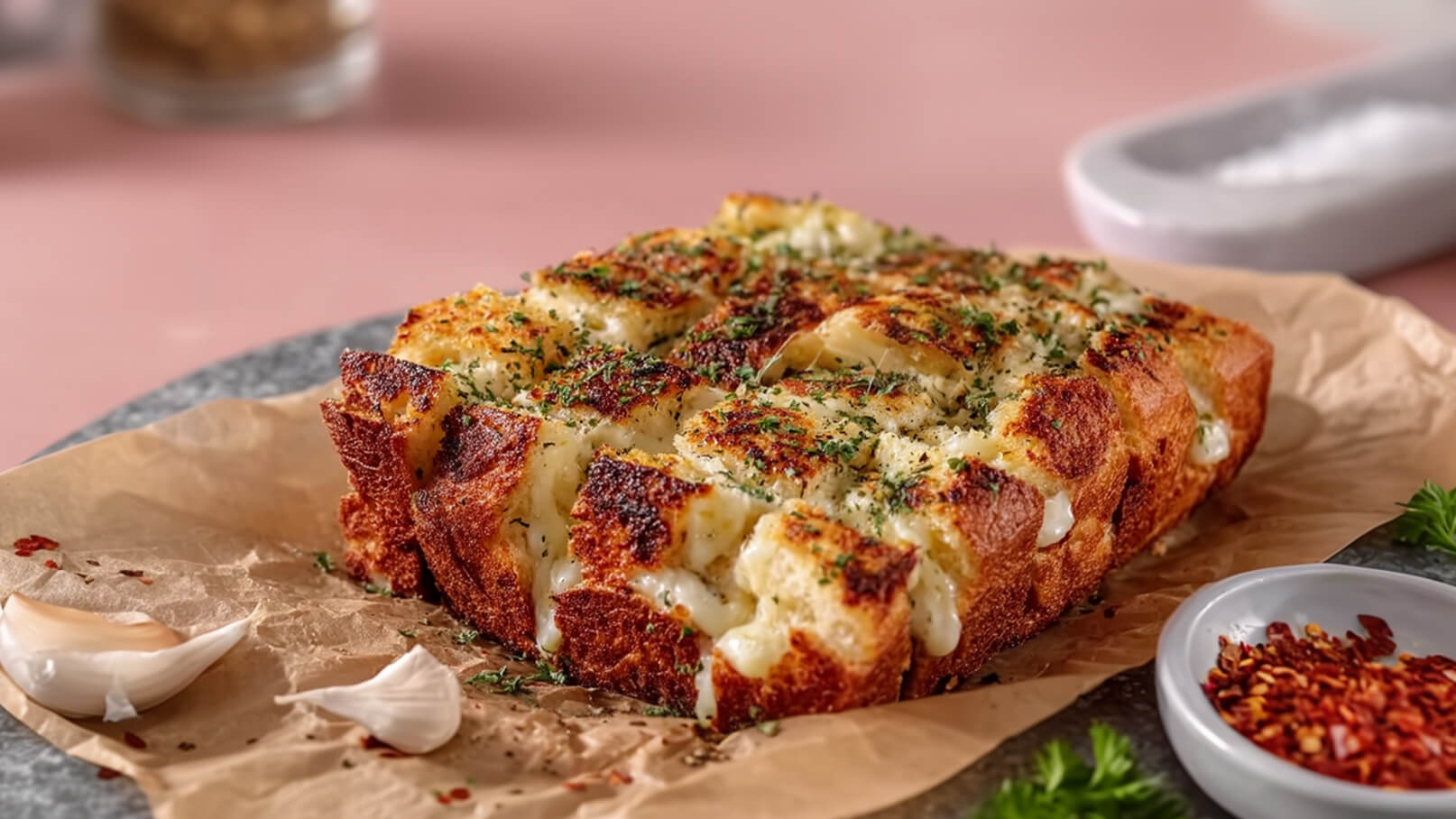 Ein frisch gebackenes, knuspriges Brot, garniert mit Kräutern und Käse, auf einer Papierschicht präsentiert. Neben dem Brot liegen einige ungeschälte Knoblauchzehen und eine kleine Schale mit roten Pfefferflocken. Es ist appetitlich angerichtet und strahlt eine köstliche Atmosphäre aus.