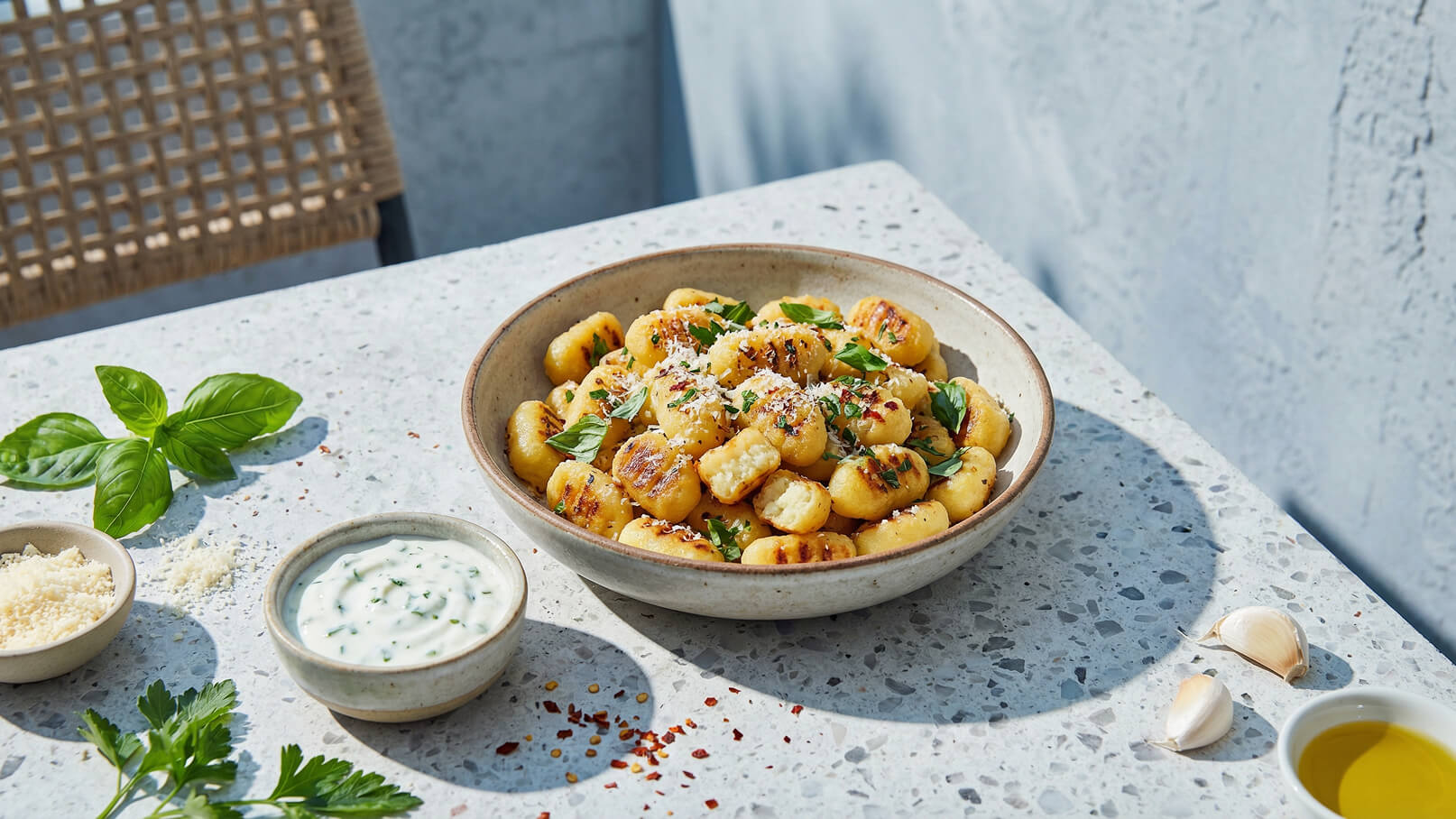 Eine Schale mit goldbraun angebratenen Gnocchi ist auf einem hellen Tisch platziert, garniert mit frischen Kräutern und Parmesan. Daneben befinden sich eine kleine Schale mit grüner Soße, etwas geriebener Parmesan und frische Knoblauchzehen. Im Hintergrund sind Pflanzen sichtbar.