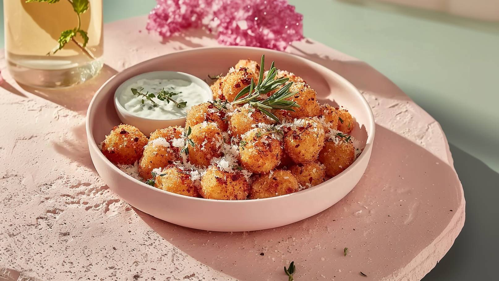 Ein rosa Teller enthält knusprige, goldbraune Kartoffelknödel, die mit Kräutern und Käse bestreut sind. Neben dem Teller steht eine kleine Schüssel mit einer weißen, cremigen Dipsauce. Die gesamte Szene hat einen frischen, einladenden Eindruck.