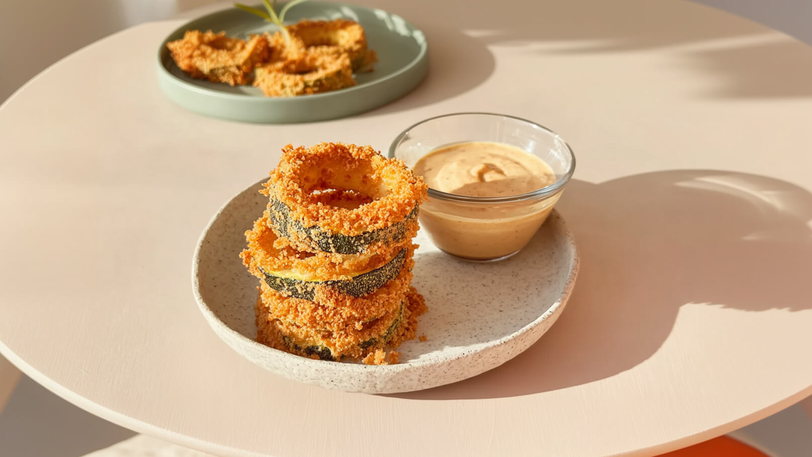 Ein Teller mit mehreren übereinander gestapelten, knusprig gebacken Zucchiniringen steht neben einer kleinen Schüssel mit einer cremigen Sauce. Die Zucchiniringe sind goldbraun und haben eine knusprige Panade.