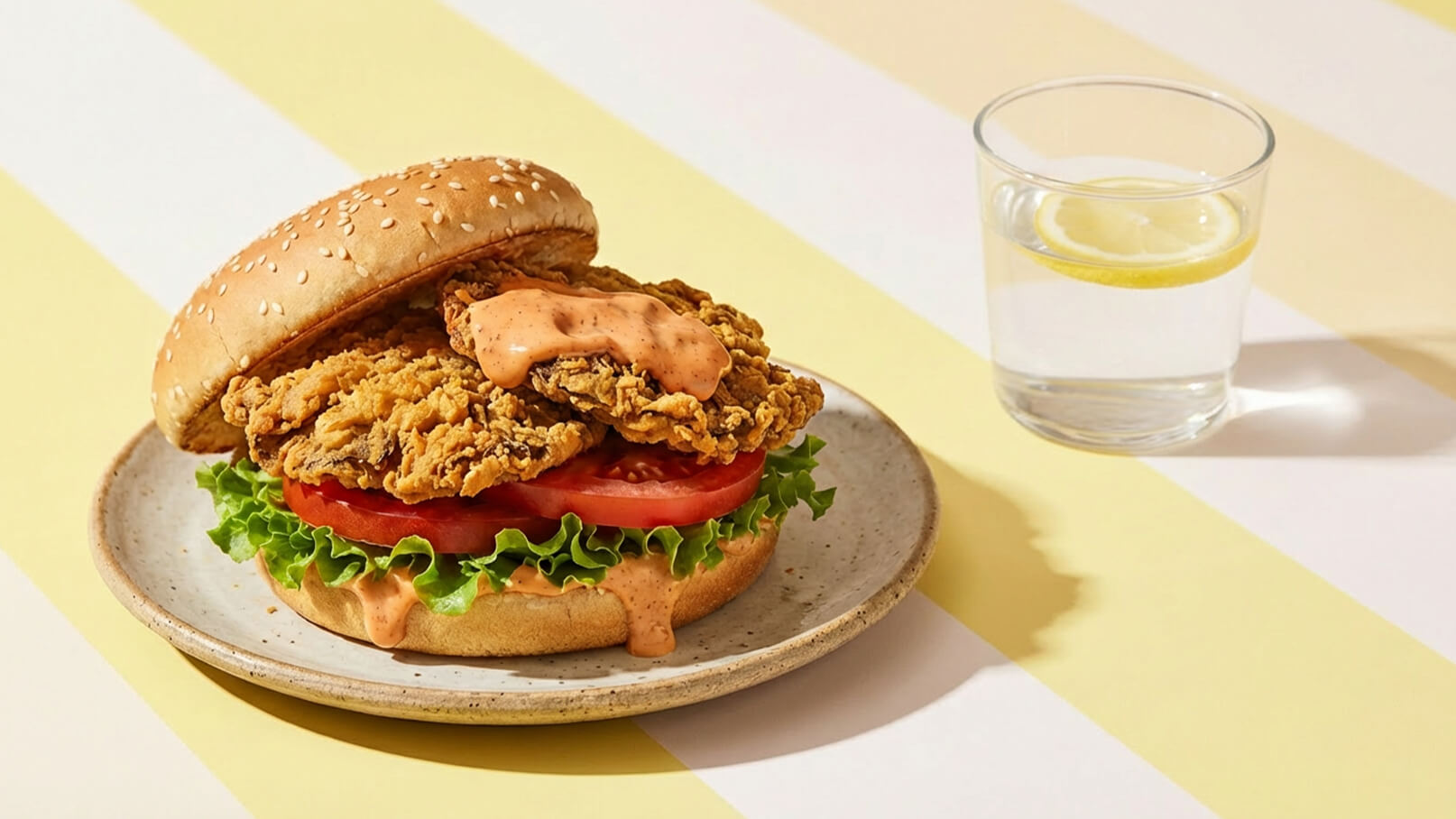Ein frisch zubereiteter Hamburger mit zwei knusprigen Hähnchenteilen, frischem Salat und Tomatenscheiben, garniert mit einer speziellen Sauce, liegt auf einem Teller. Daneben steht ein Glas Wasser mit einer Zitronenscheibe.