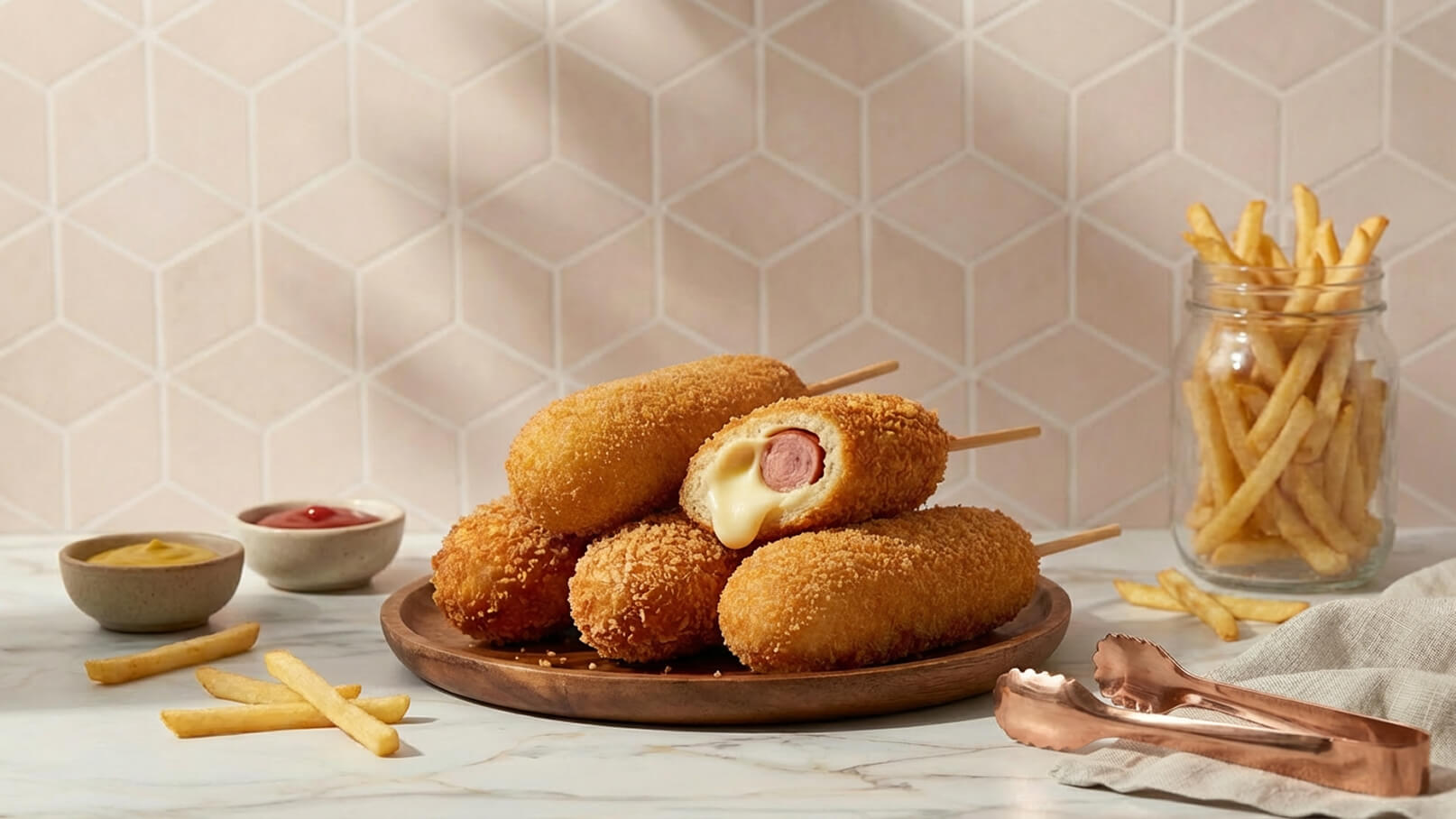 Ein Teller mit mehreren panierten Würstchen am Stiel, die goldbraun gebacken sind. Eins ist aufgeschnitten und zeigt geschmolzenen Käse. Neben dem Teller liegen einige Pommes frites, und es gibt Schalen mit Ketchup und Senf.