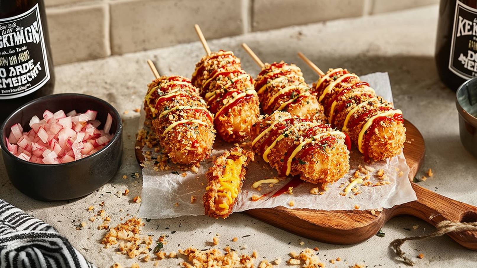 Ein Holzbrett zeigt mehrere knusprige, goldbraune Snacks am Stiel, dekoriert mit Ketchup und Senf. Neben ihnen liegt ein Stück mit einer offenen Füllung. Eine Schale mit gewürfeltem Rüben liegt daneben und der Untergrund ist unordentlich mit Bröseln.