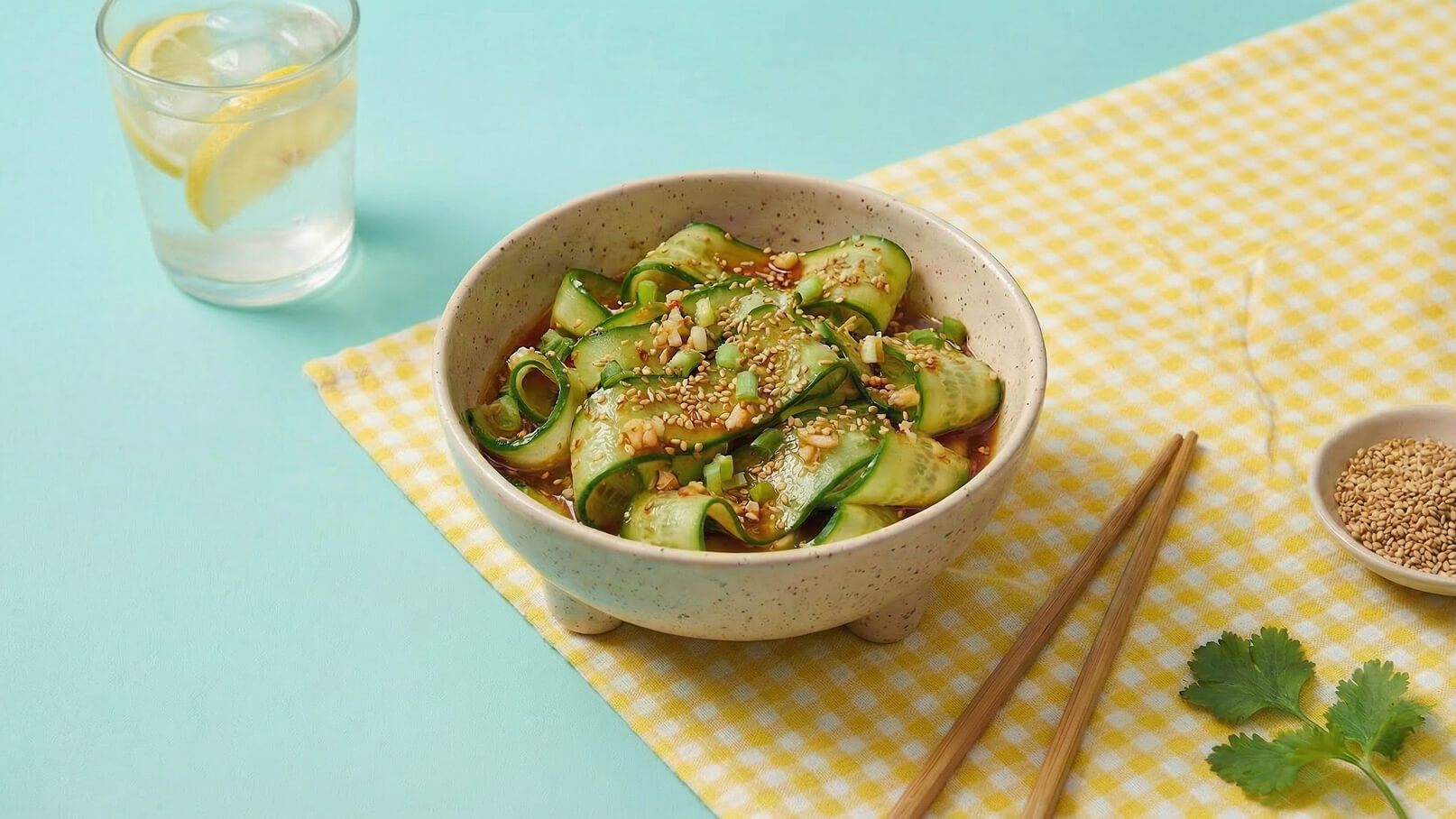 Eine Schüssel mit marinierten Gurkenscheiben, garniert mit Sesam und Frühlingszwiebeln. Die Schüssel steht auf einem karierten gelben Geschirrtuch, daneben liegen Essstäbchen und eine kleine Schale mit Sesamsamen. Im Hintergrund ein Glas Wasser mit Zitronenscheiben.