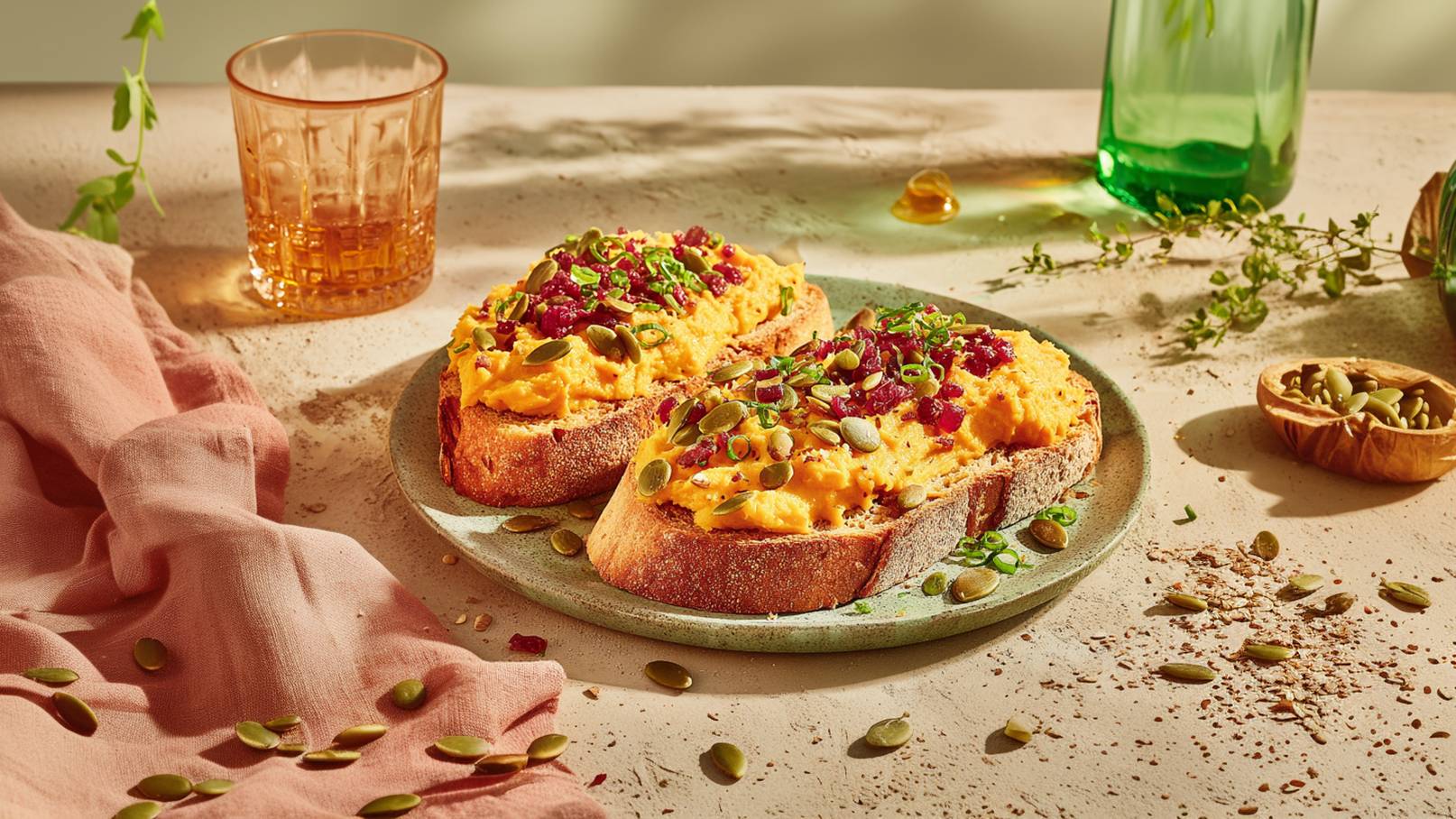 Ein Teller mit zwei Scheiben Vollkornbrot, belegt mit cremiger, orangefarbener Masse. Darüber sind Kürbiskerne und gehackte rote Trockenfrüchte verteilt. Im Hintergrund steht ein Glas und es liegen einige Kürbiskerne auf der Tischoberfläche.