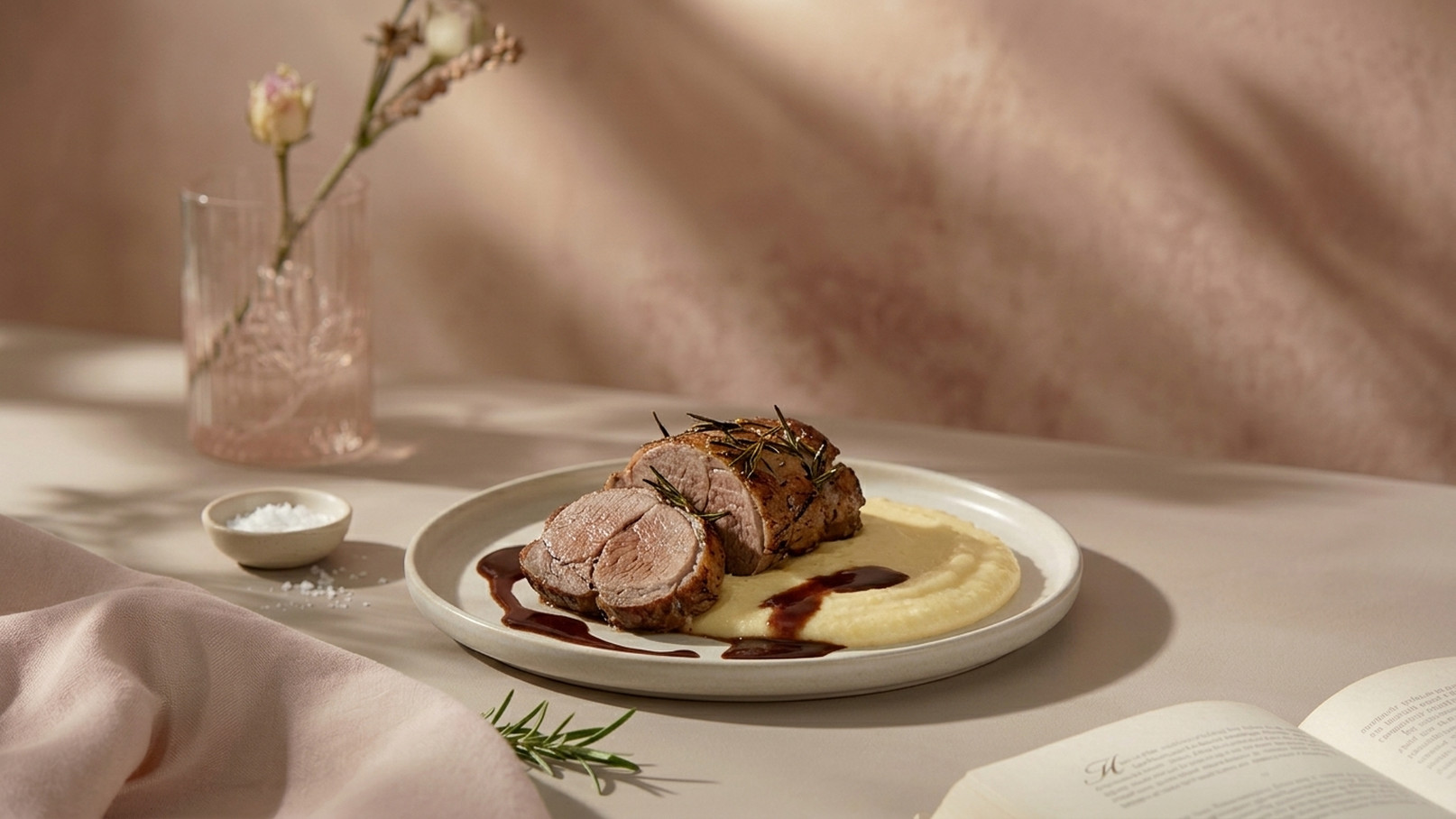 Ein Teller mit zartem Fleisch, das in Scheiben geschnitten ist, liegt auf einem cremigen Kartoffelpüree. Eine dunkle Sauce umgibt das Fleisch. Im Hintergrund sind eine Blume in einer Vase und eine kleine Schüssel mit Salz zu sehen.
