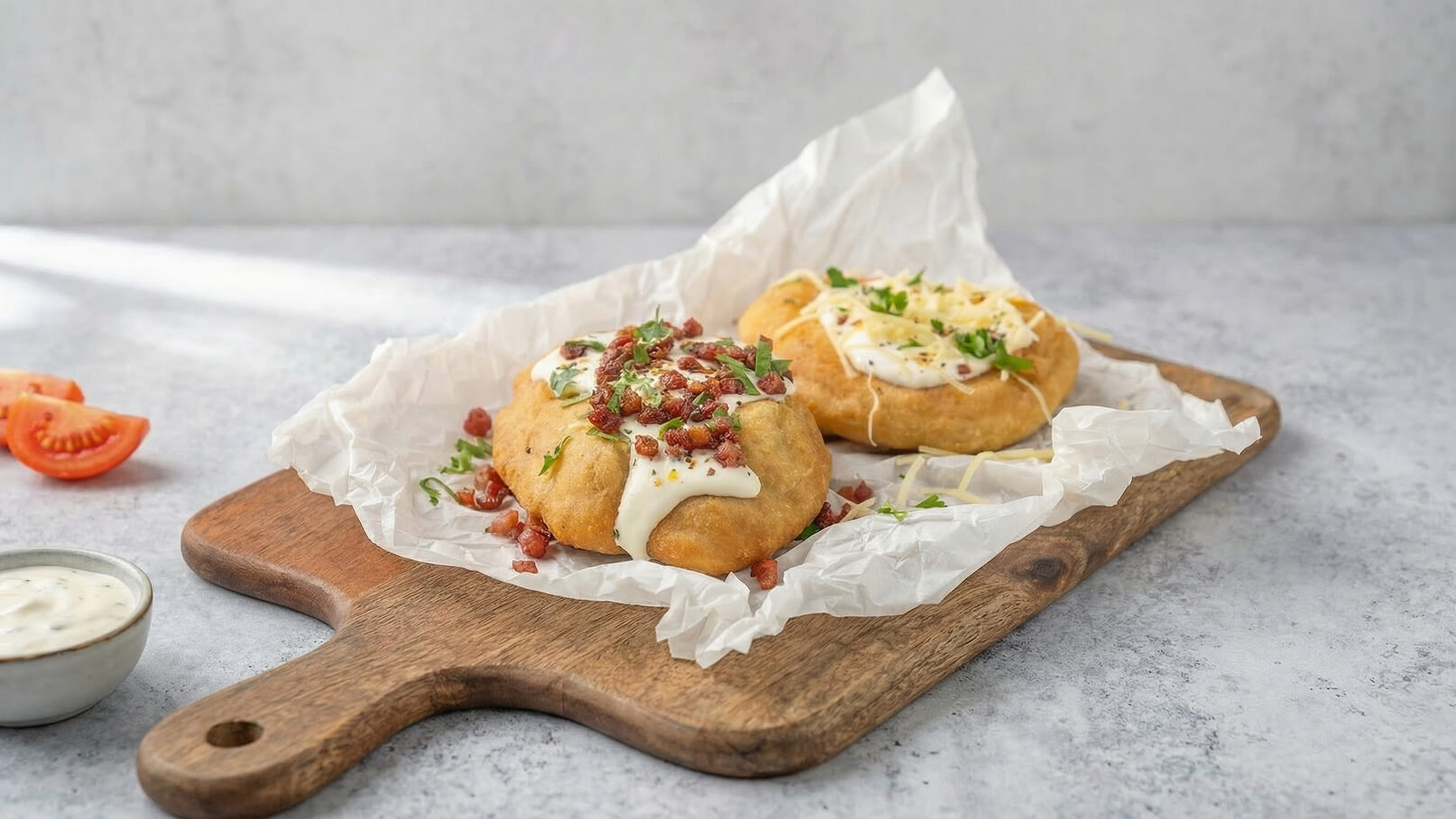Zwei gefüllte Teigwaren liegen auf einer Holzplatte, umgeben von crumpligen Papier. Die eine ist mit einer cremigen Sauce und gebratenem Fleisch dekoriert, während die andere mit Käse und Kräutern bestrichen ist. Daneben befindet sich eine kleine Schüssel mit Dipsauce und eine Tomate.