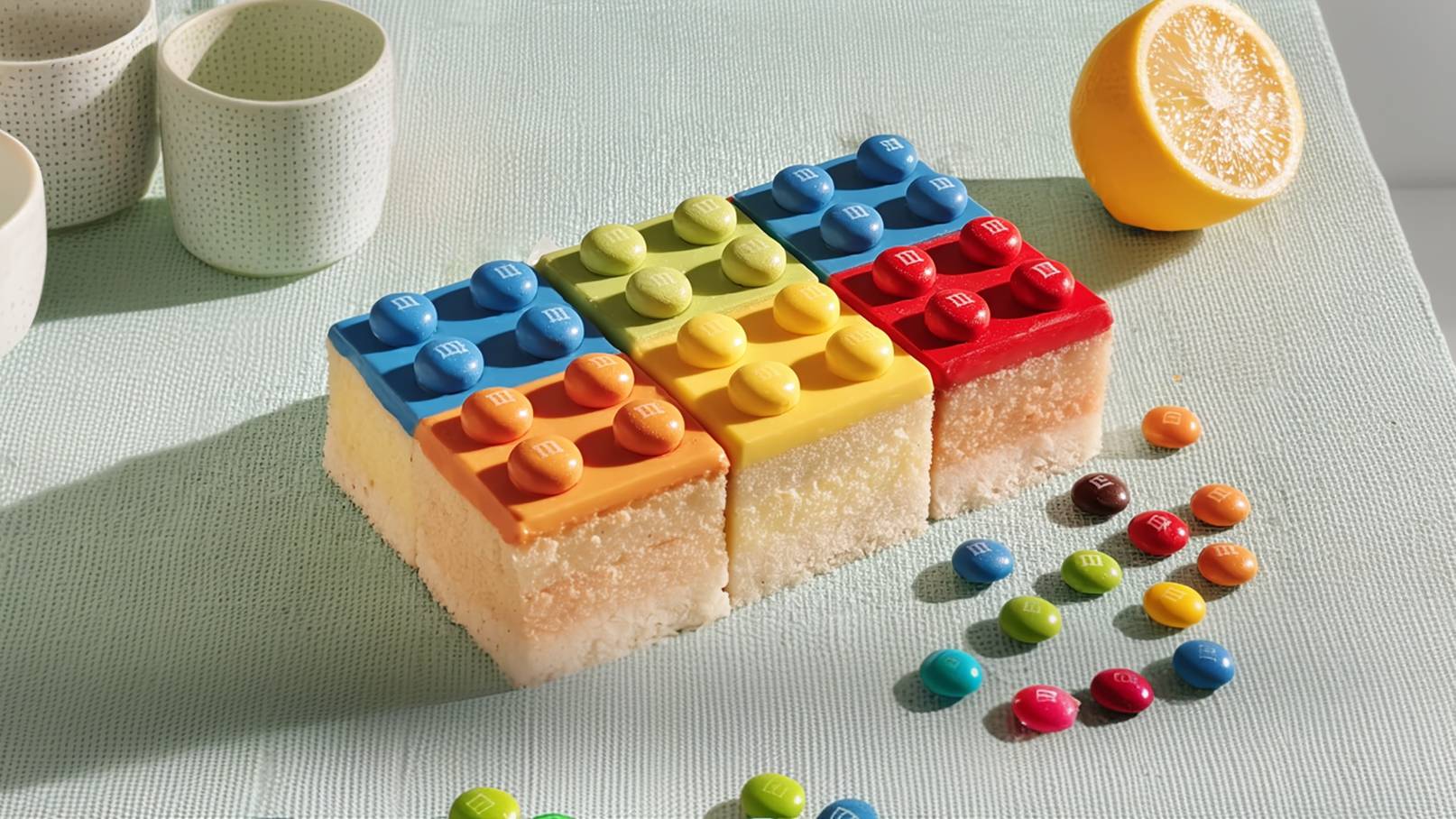 Ein bunt dekorierter Kuchen, geformt wie Legosteine, mit verschiedenen Farben auf der Oberseite. Um den Kuchen herum liegen farbige Süßigkeiten. Ein halbes Zitrusfrucht liegt ebenfalls auf der Tischoberfläche. Der Hintergrund ist ein einfarbiger Stoff.