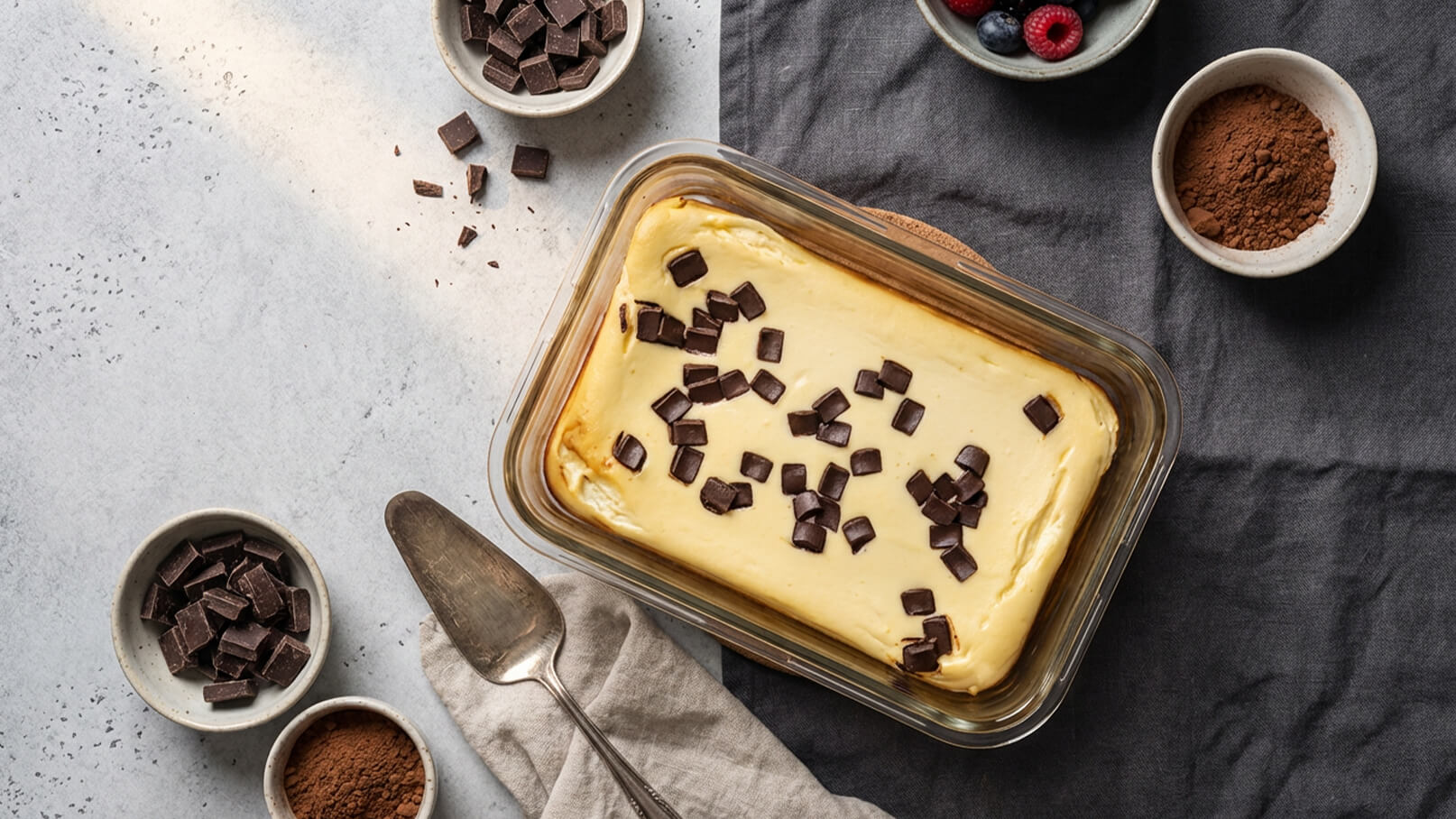 Eine Glasform mit cremigem Dessert ist im Mittelpunkt, garniert mit Schokoladenstückchen. Um das Dessert herum befinden sich kleine Schüsseln mit Kakaopulver, frischen Himbeeren und Schokoladenstückchen. Ein Löffel liegt bereit auf einem hellen Tuch.