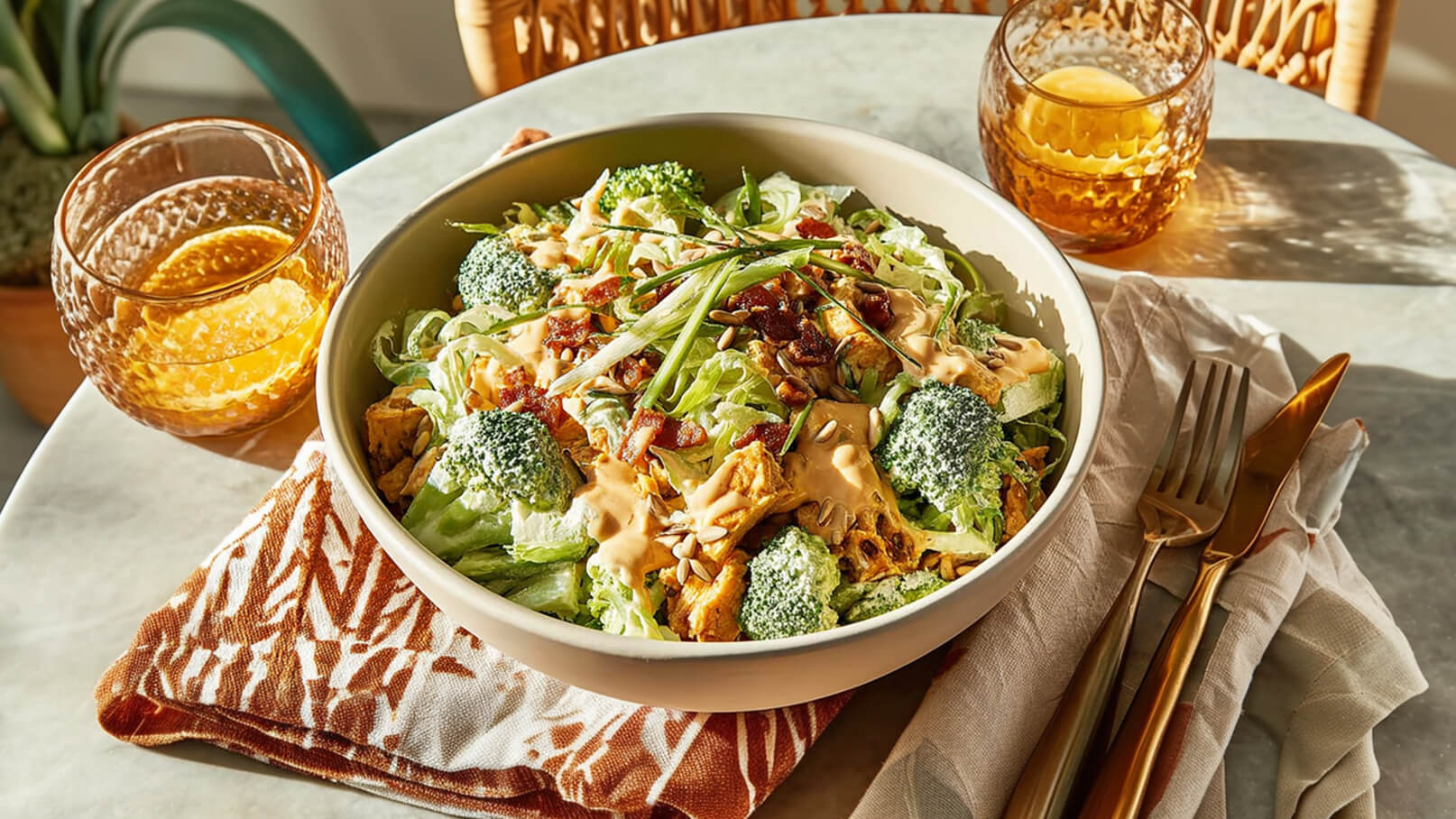 Eine große Schüssel mit frischem Salat, bestehend aus Kopfsalat, Brokkoli, gebratenem Hähnchen und Sonnenblumenkernen, garniert mit einer cremigen Sauce. Daneben stehen zwei Gläser mit einem orangefarbenen Getränk auf einem Tisch.