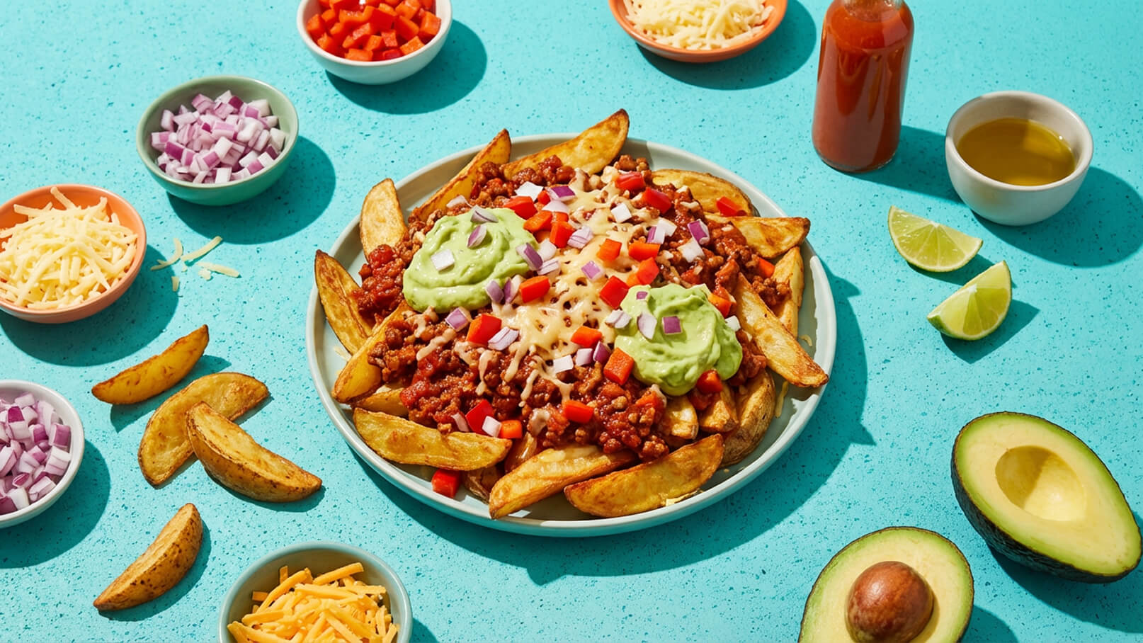 Eine große Portion Nachos mit knusprigen Kartoffelspalten, belegt mit würzigem Hackfleisch, geschmolzenem Käse, rotem Paprika, Zwiebeln und grüner Guacamole. Rundherum sind verschiedene frische Zutaten und Saucen in kleinen Schalen präsentiert. Der Hintergrund ist in hellblau gehalten.