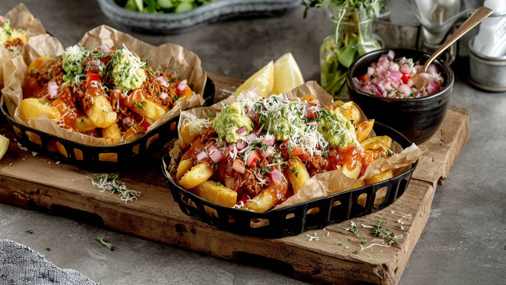 Zwei Portionen Pommes frites sind in schwarzen Körben serviert, garniert mit fleischiger Sauce, Guacamole, Tomatenwürfeln, Zwiebeln und Käse. Neben den Pommes liegt eine Zitronenscheibe. Im Hintergrund befindet sich eine Schüssel mit einer bunten Salsa. Die Speisen liegen auf einem Holzbrett.