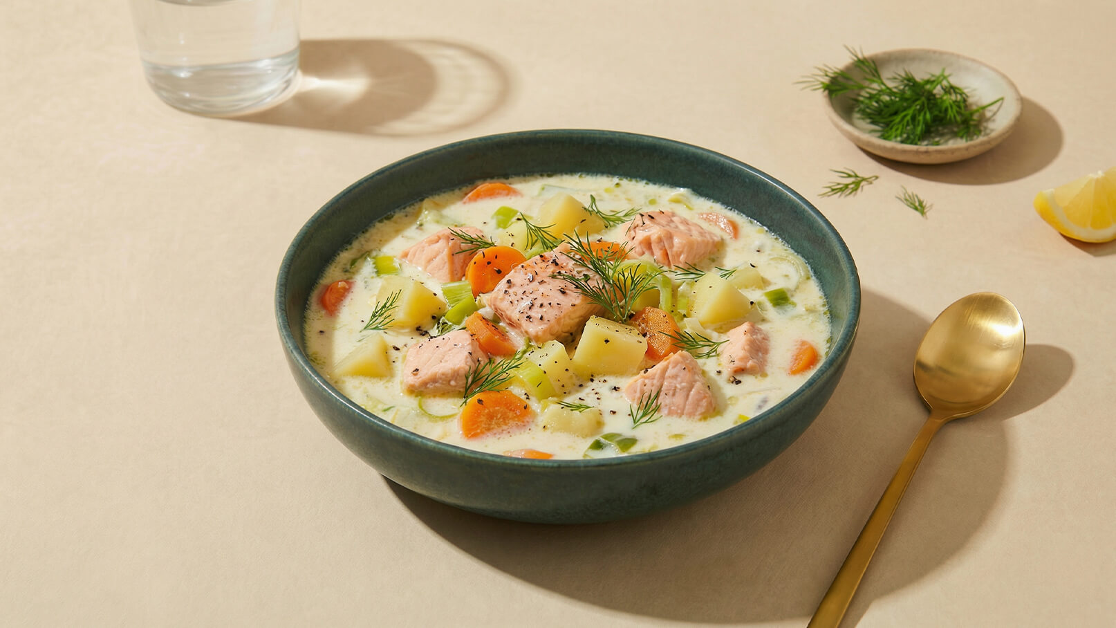 Eine grüne Schüssel mit cremiger Suppe, die Lachs, Karotten und Kartoffeln enthält. Frischer Dill ist darüber gestreut. Neben der Schüssel steht ein Glas Wasser und eine kleine Schale mit Dill sowie ein Stück Zitrone.
