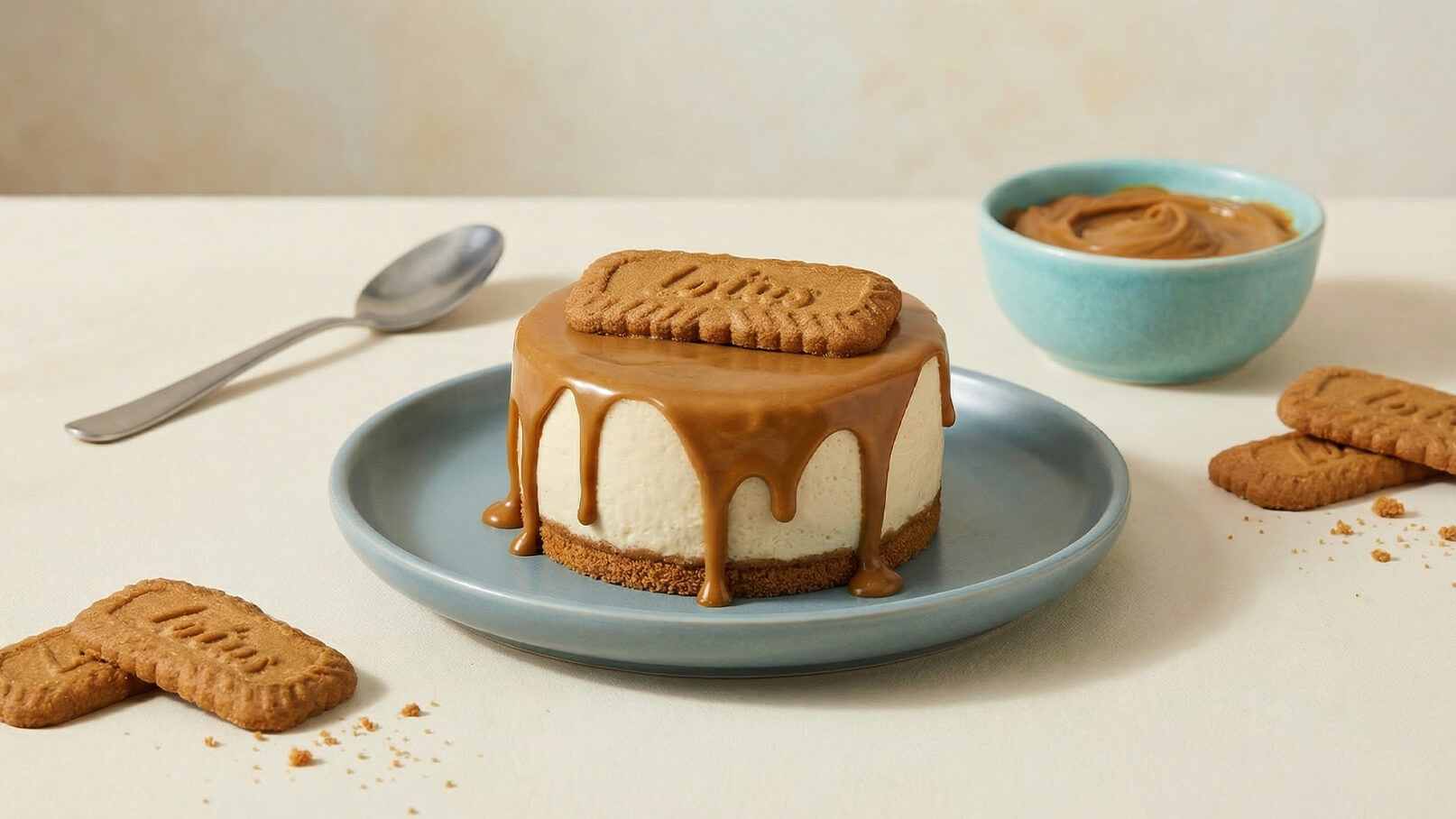 Ein runder Käsekuchen mit einer glänzenden Karamellsoße, die über die Seiten läuft. Oben auf dem Kuchen liegt ein Keks. Daneben befinden sich weitere Kekse und eine kleine Schüssel mit Karamellcreme. Ein Löffel ist ebenfalls sichtbar.