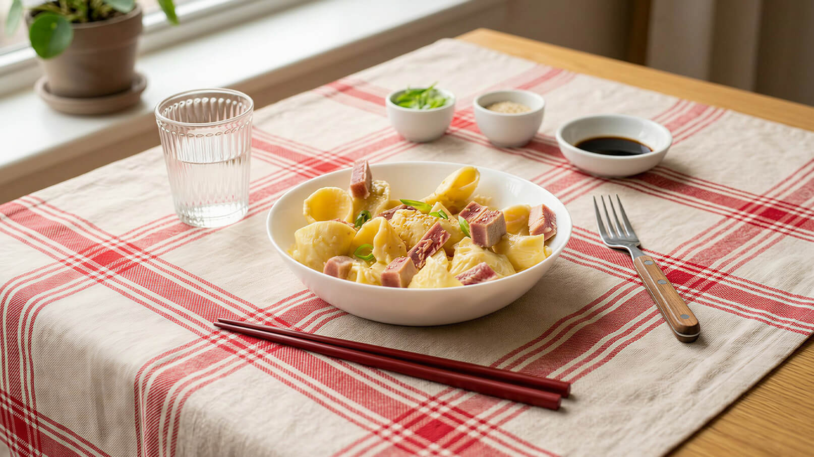 Eine Schüssel mit Käse-Nudeln liegt auf einem Tisch mit rot-weiß kariertem Tischdecken. Neben der Schüssel befinden sich kleine Schalen mit grüner Sauce und dunkler Sauce sowie ein Glas Wasser. Farbige Essstäbchen und eine Gabel sind ebenfalls auf dem Tisch platziert.