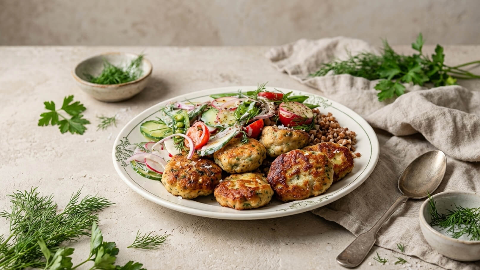 Ein Teller mit gebratenen Fischfrikadellen, umgeben von einem frischen Salat aus Gurken, Radieschen und Kräutern. Daneben befindet sich eine Schale mit Dill. Die Mahlzeit wird auf einem naturbelassenen Tisch serviert.