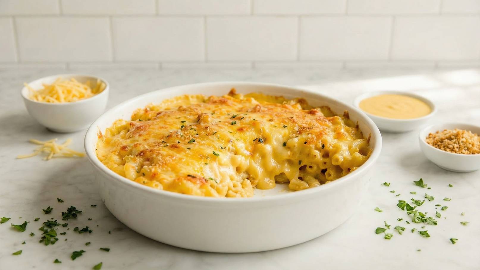 Ein weißes Schälchen mit überbackenen Makkaroni in Käse-Sauce, goldbraun und knusprig oben. Daneben kleine Schalen mit Käse, einer cremigen Sauce und zerstoßenen Nüssen. Frische Kräuter liegen verstreut auf der Tischoberfläche.