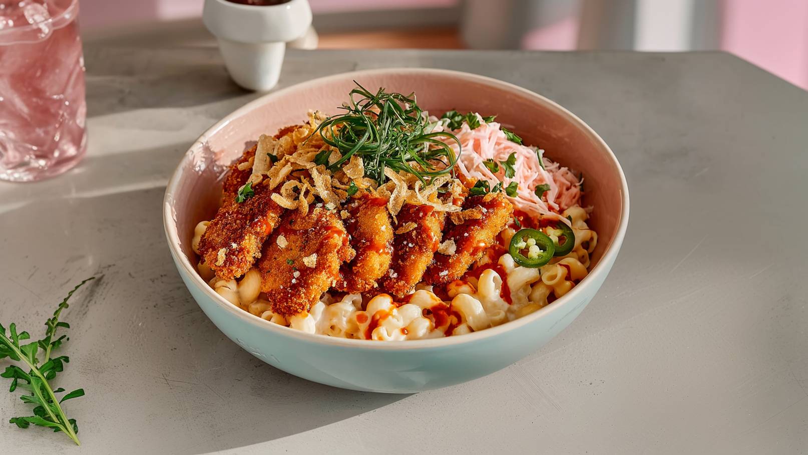 Eine große Schüssel mit gebratenem Hühnchen, knusprigen Zwiebeln und Sprossen. Darunter befindet sich eine Mischung aus weichen Makkaroni und einer frischen, bunten Salatkomponente. Das Gericht wird von einem Hauch grüner Kräuter und roten Soßen ergänzt.