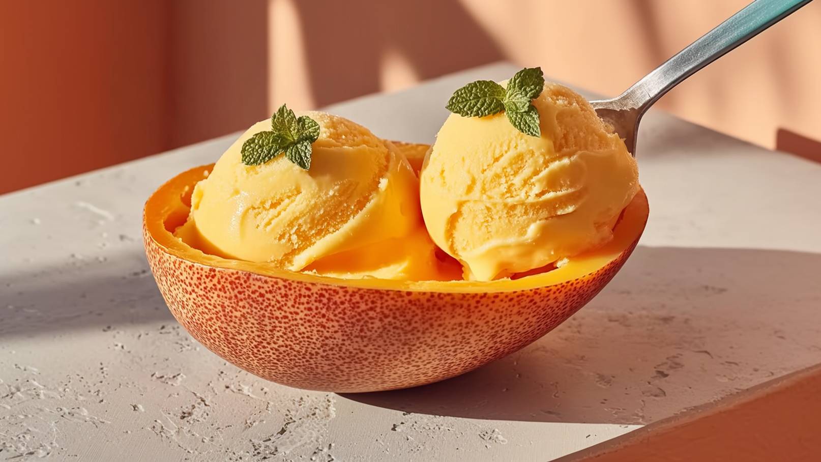 Eine Schale aus orangefarbenem Obst enthält zwei Kugeln gelbes Eis. Auf den Eisportionen liegen frische Minzblätter. Im Hintergrund ist eine sanfte, warmfarbene Wand zu sehen.