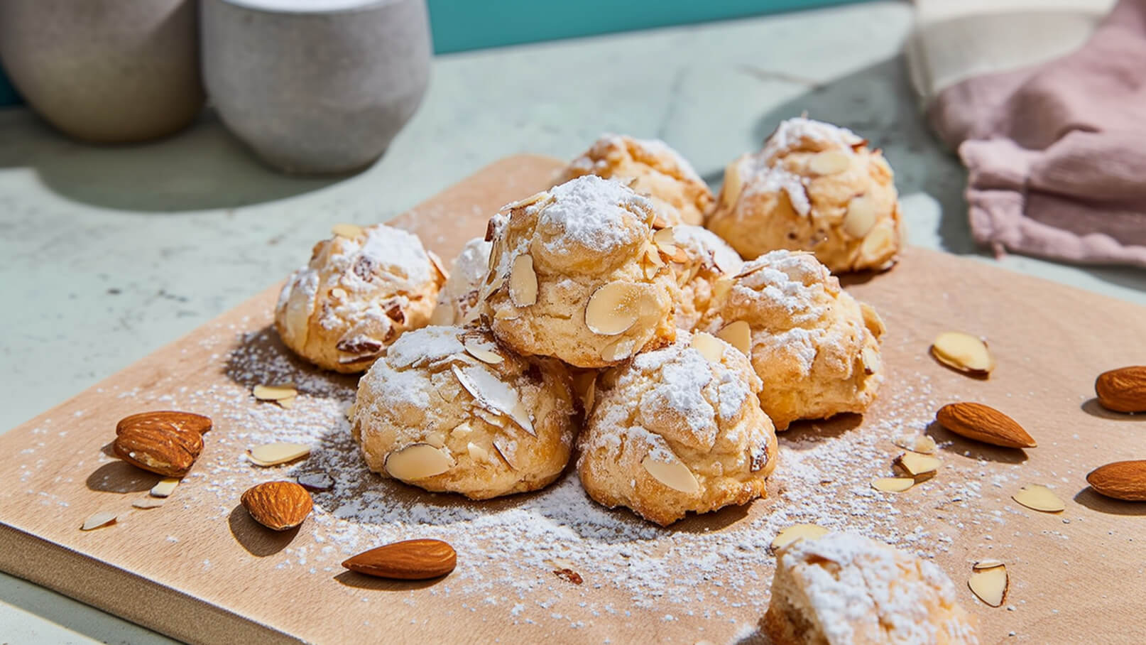 Ein Holzbrett mit einer Ansammlung von plätzchenähnlichen Gebäckstücken, die mit Puderzucker bestäubt und mit Mandelsplittern dekoriert sind. Um die Plätzchen herum liegen einige ganze und geschnittene Mandeln.