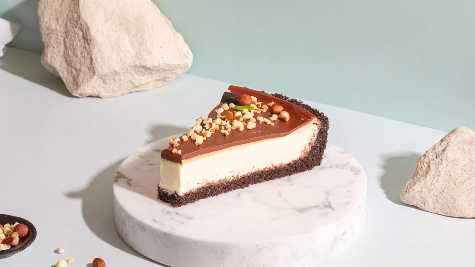 Ein Stück Käsekuchen mit einer Schokoladenschicht und gehackten Nüssen, auf einem marmorierten Teller platziert. Der Kuchen hat eine dunkle Keksbasis und ist in einer modernen, minimalistischen Umgebung angeordnet.