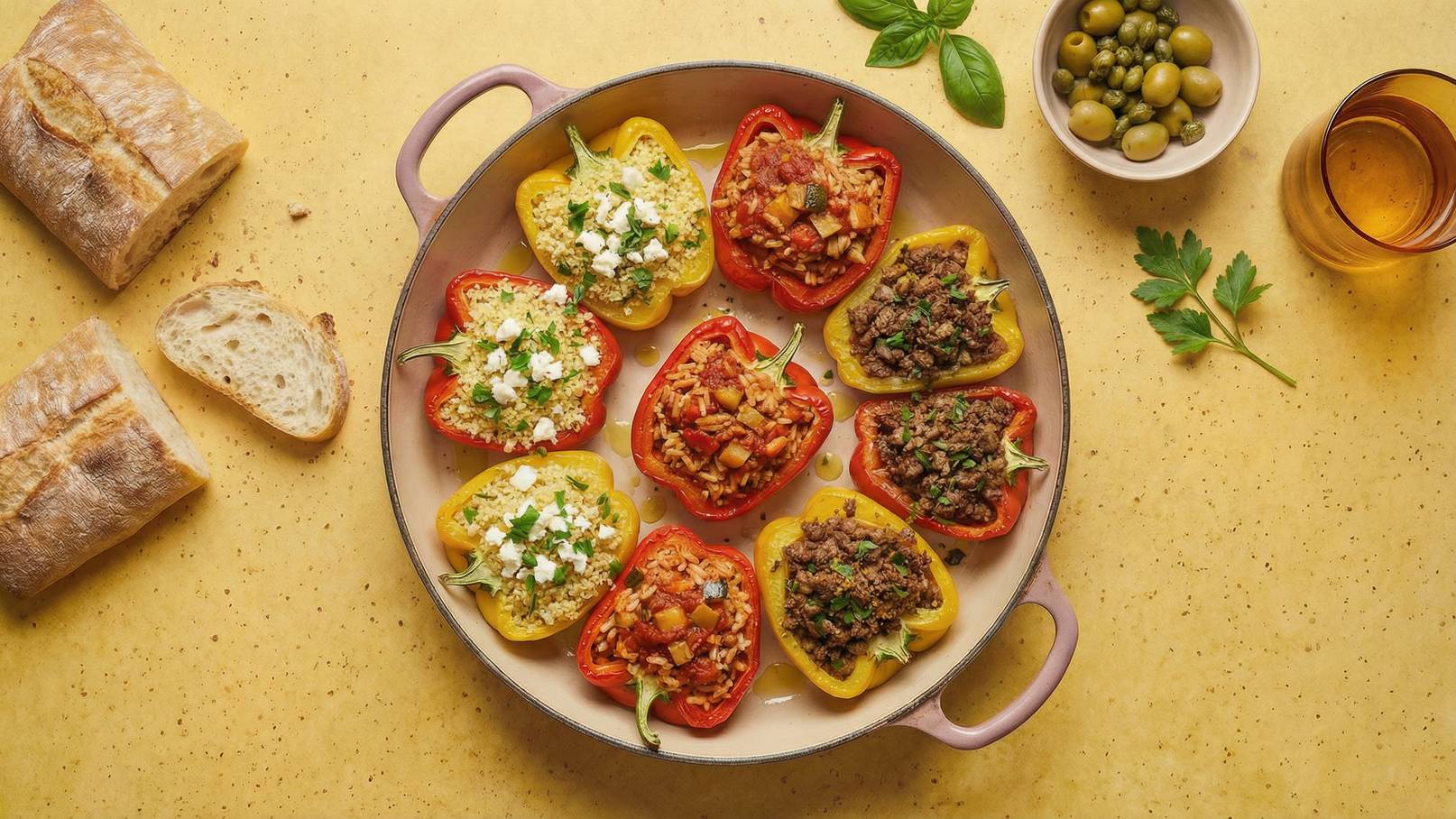 Eine Schüssel mit bunten gefüllten Paprikaschoten in Rot, Gelb und Orange. Die Füllungen bestehen aus verschiedenen Zutaten wie Käse, Gemüse und Fleisch. Dazu liegen einige Brotscheiben und eine kleine Schüssel mit Oliven. Der Hintergrund ist gelb.