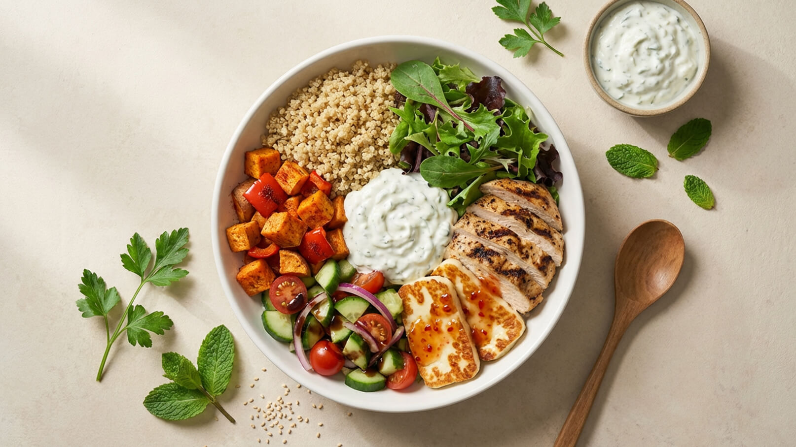 Eine Schüssel mit Quinoa, gegrilltem Hähnchen, gebratenem Gemüse, frischem Salat und einer Joghurtsauce. Das Gericht ist abwechslungsreich und gesund, angereichert mit verschiedenen Gemüsesorten, darunter Gurken und Tomaten, und dekoriert mit frischen Kräutern wie Minze und Petersilie.