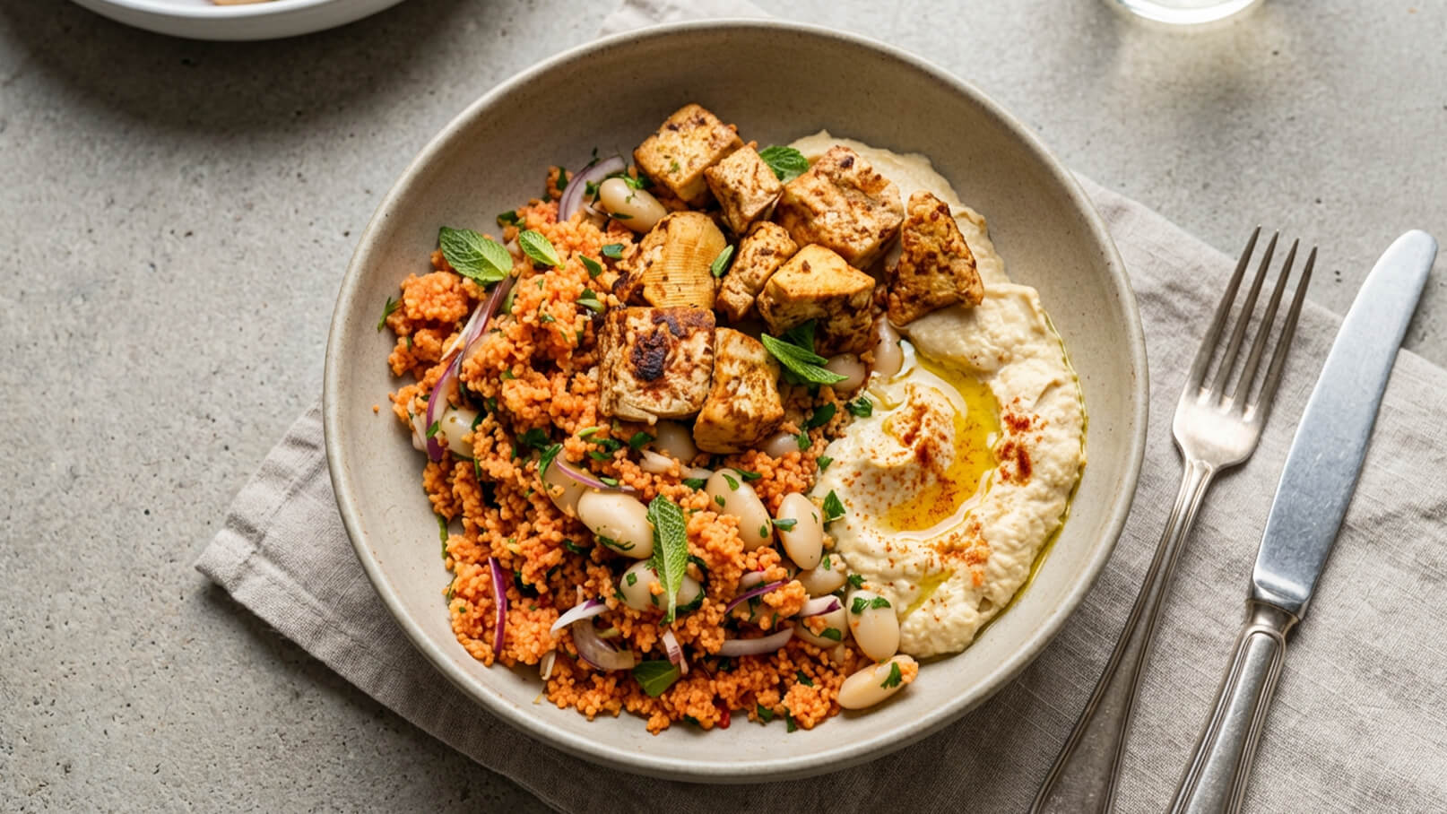Eine Schüssel mit einer bunten Mischung aus Couscous, weißen Bohnen, gegrilltem Tofu und frischen Kräutern, umgeben von einer cremigen Hummus-Portion. Der Teller steht auf einem neutralen Tisch, begleitet von Besteck und einer Serviette.