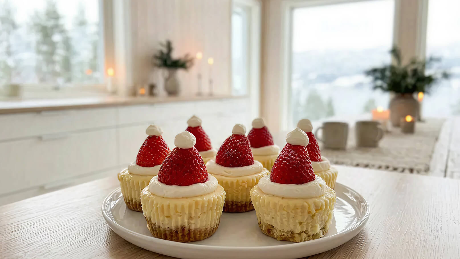 Ein Teller mit kleinen Käseküchlein, dekoriert mit Sahne und frischen Erdbeeren, die wie Weihnachtsmannmützen aussehen. Die Küchlein stehen auf einem Holzuntergrund und im Hintergrund sind eine helle, gemütliche Küche und Fenster, durch die man eine verschneite Landschaft erblicken kann.