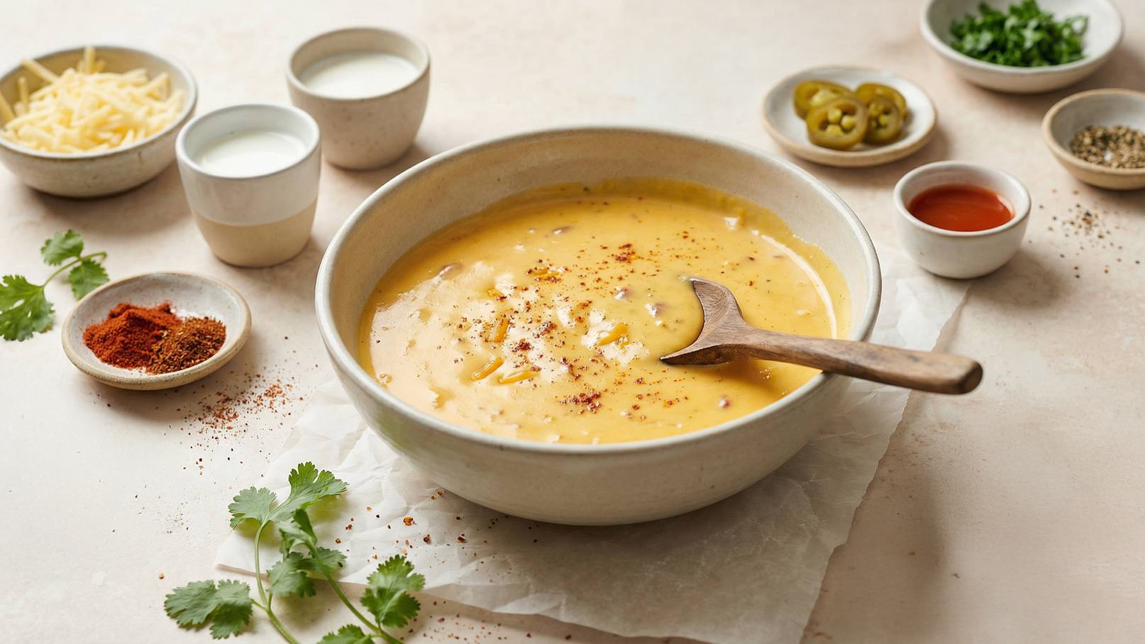 Eine Schüssel mit cremiger Suppe steht in der Mitte. Neben der Suppe sind mehrere kleine Schalen mit Zutaten wie Käse, Joghurt, Jalapeños, Gewürzen und frischen Kräutern arrangiert. Ein Holzlöffel liegt in der Suppe.
