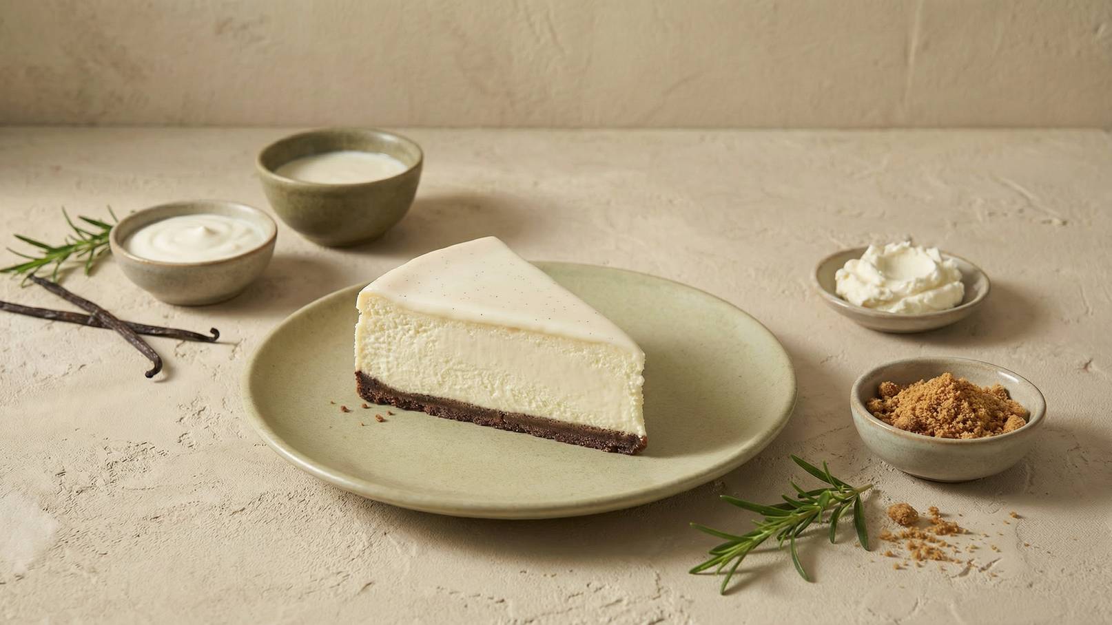 Ein Stück Käsekuchen mit einer glatten, hellen Oberseite und einem dunklen Boden liegt auf einem grünen Teller. Um den Kuchen herum stehen kleine Schalen mit Sahne, Quark und Karamellstückchen sowie ein paar Vanilleschoten und frische Kräuter.