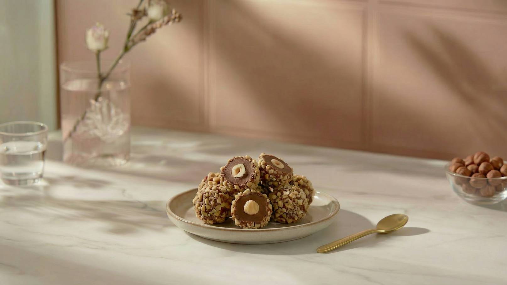 Auf einem gedeckten Tisch liegt ein Teller mit mehreren runden, mit Nüssen und Schokolade überzogenen Süßigkeiten. Daneben steht ein Glas Wasser und eine Schale mit Haselnüssen. Die Farben sind warm und die Lichtverhältnisse sanft.
