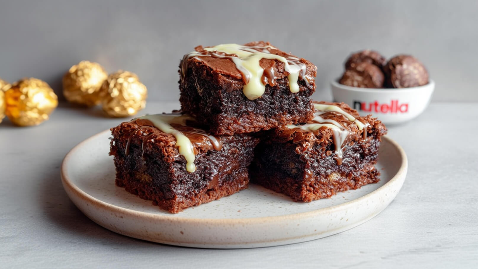 Drei saftige Brownies übereinander gestapelt auf einem flachen, weißen Teller. Die Brownies sind mit einer geschmolzenen Schokoladensoße und einer weißen Creme bedeckt. Im Hintergrund ist eine Schale mit Keksen und ein paar goldene Kugeln sichtbar.