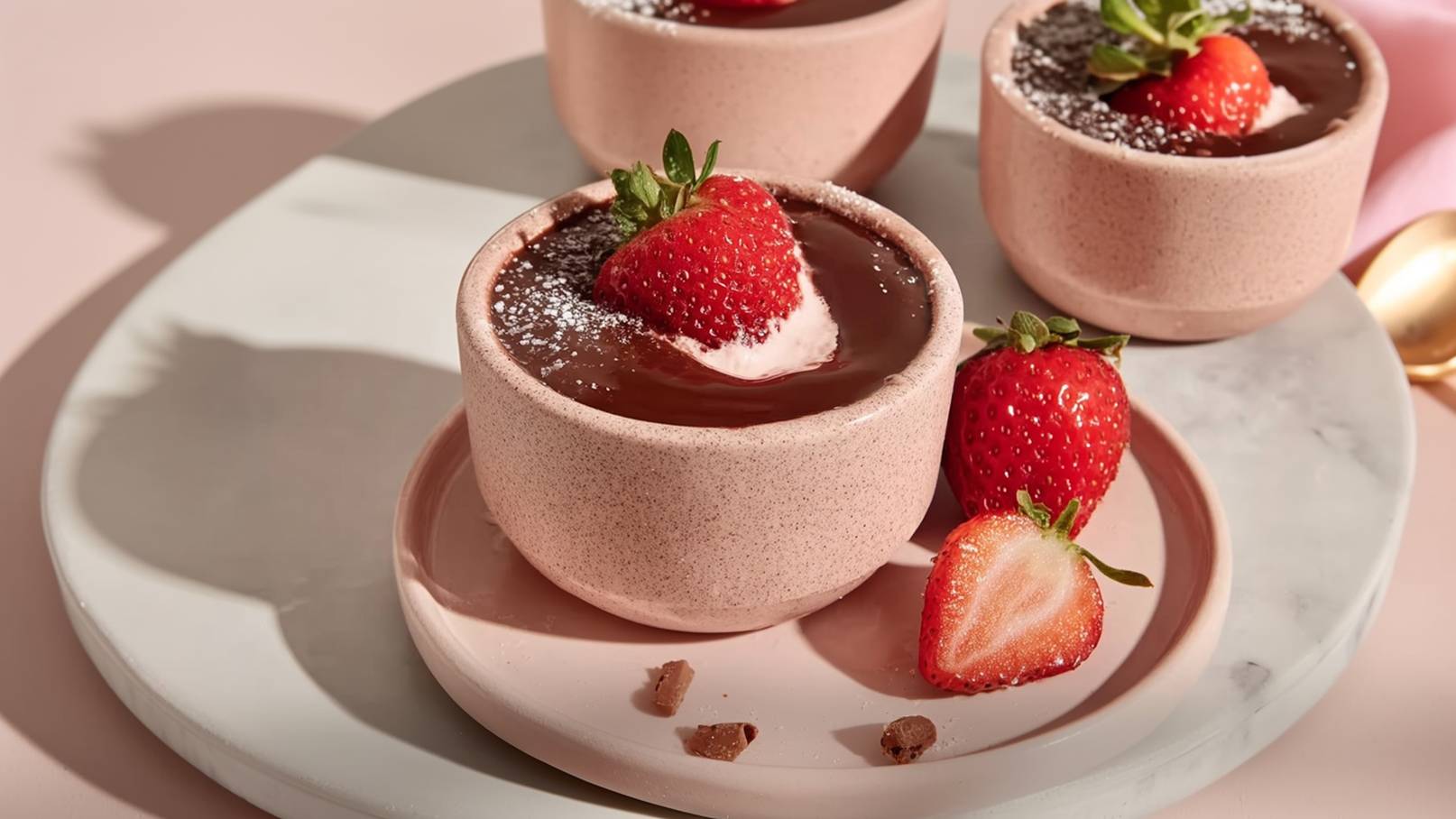 Drei kleine, rosa Schalen mit Schokoladencreme stehen auf einem hellen Teller. Auf der Creme sind frische Erdbeeren und Puderzucker dekoriert. Neben den Schalen liegen weitere Erdbeeren. Das Gesamtbild vermittelt einen süßen und einladenden Eindruck.