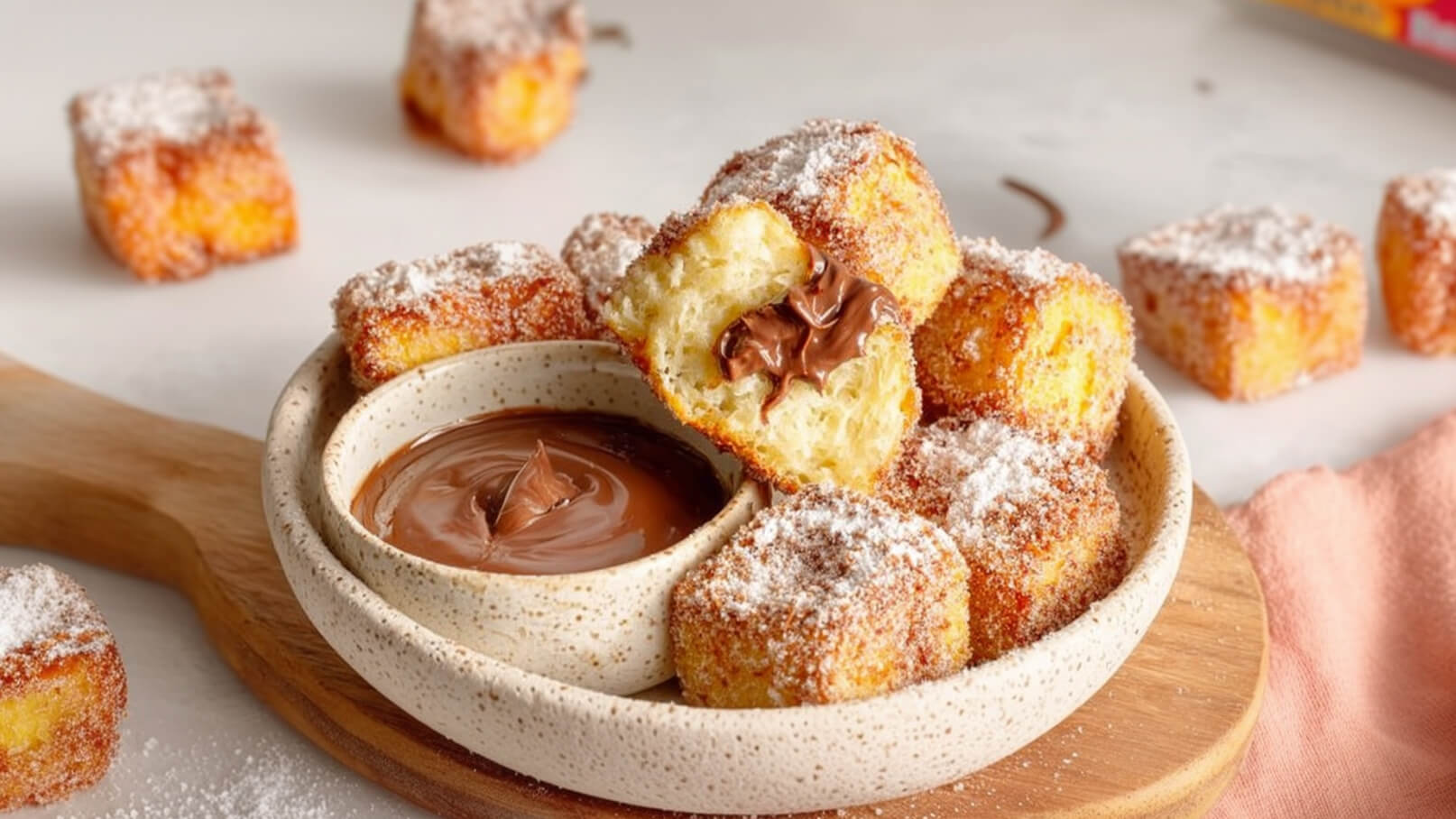 Eine Schüssel mit frittierten, zuckrigen Snacks, die goldbraun sind und mit Puderzucker bestreut wurden. Einige Snacks sind aufgebrochen und zeigen eine cremige Füllung. Daneben befindet sich eine kleine Schale mit schokoladiger Creme.