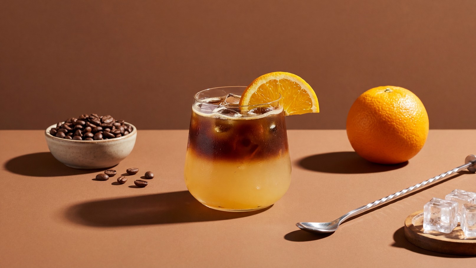 Ein Glas mit einem kalten Getränk, das Kaffee und Orangensaft enthält, ist mit einer Orangenscheibe dekoriert. Neben dem Glas befinden sich eine Schale mit Kaffeebohnen, eine ganze Orange und einige Eiswürfel auf einem Tablett. Der Hintergrund ist in Braun gehalten.