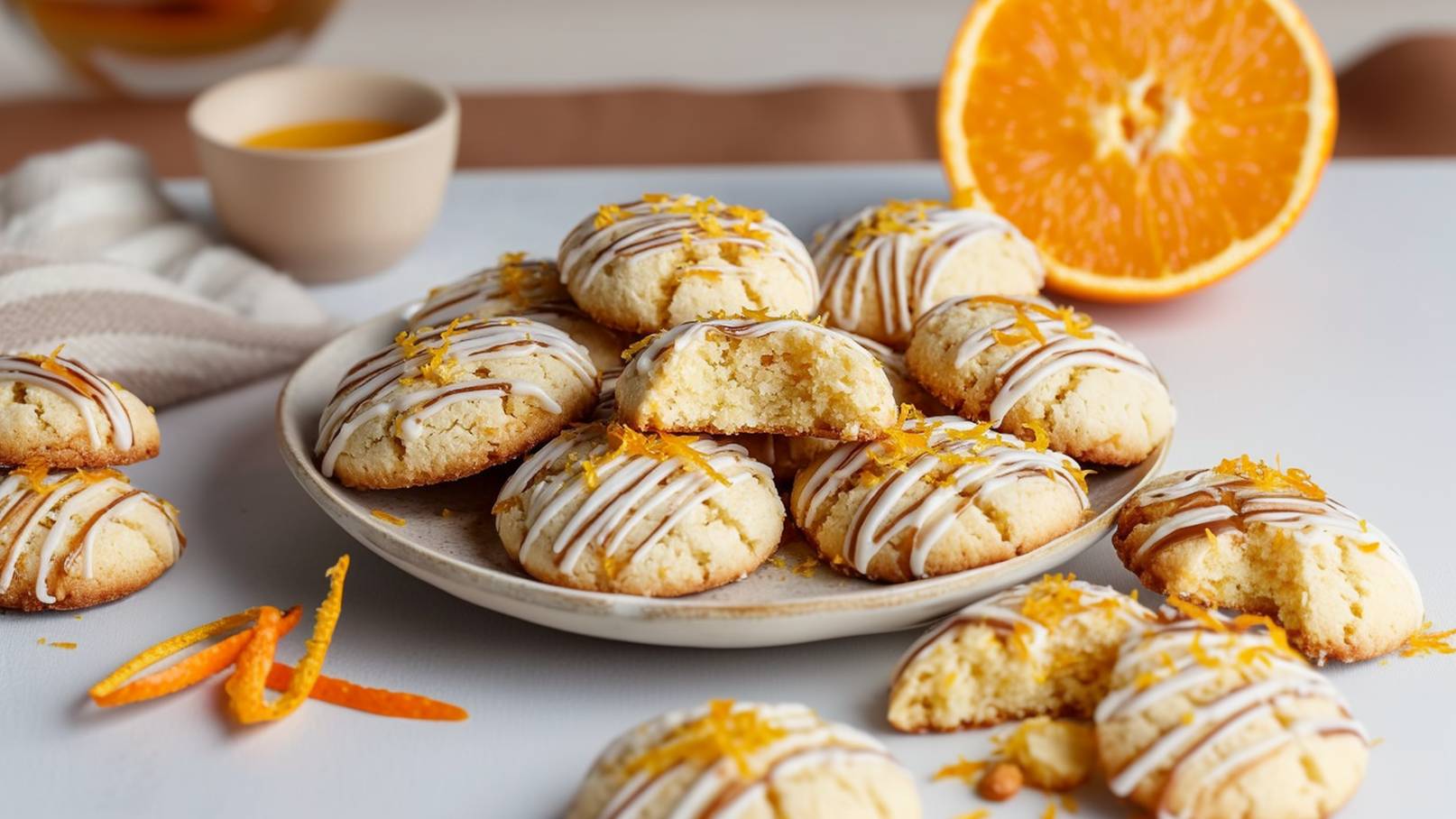 Ein Teller mit frisch gebackenen Keksen, die mit Zuckerguss und Orangenschalen dekoriert sind. Einige Kekse sind halbiert, sodass die weiche Textur sichtbar ist. Im Hintergrund liegt eine halbierte Orange und ein kleines Schälchen mit Flüssigkeit.