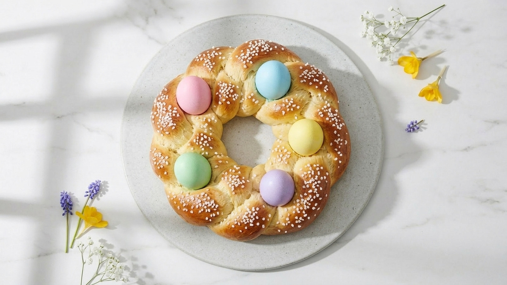 Ein süßer Hefekranz auf einem grauen Teller, dekoriert mit bunten Zuckereiern in Pastellfarben und bestreut mit Perlen. Der Hintergrund zeigt einige frische Blumen, die eine fröhliche, festliche Atmosphäre schaffen.
