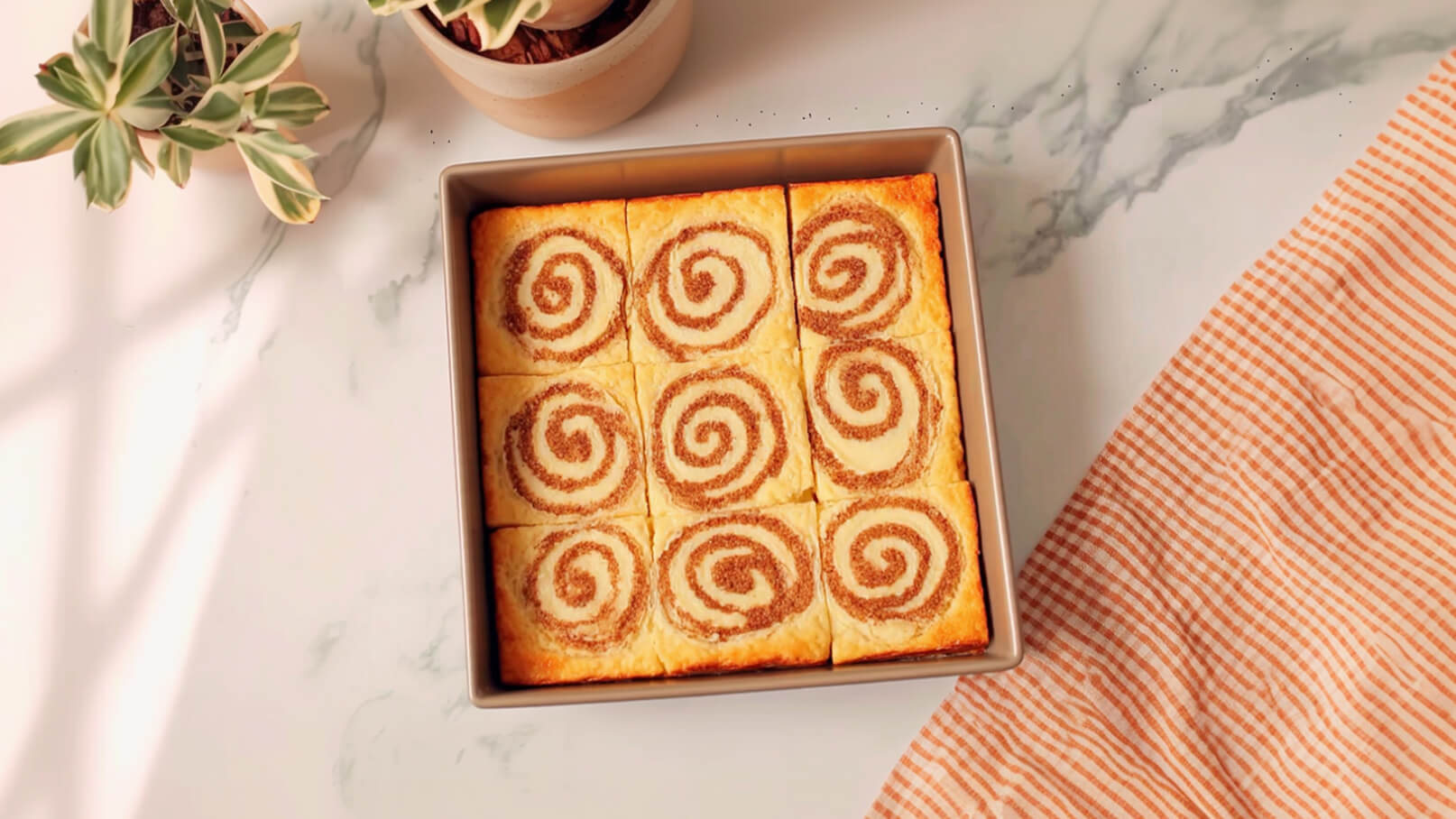 Ein quadratisches Blech mit 9 Stückchen Gebäck, die spiralförmig mit Zimt gefüllt sind. Das Gebäck hat eine goldene, gebräunte Oberfläche und liegt auf einer weißen marmorierten Oberfläche. Daneben befindet sich ein gestreiftes Küchentuch und ein Topf mit grünen Pflanzen.