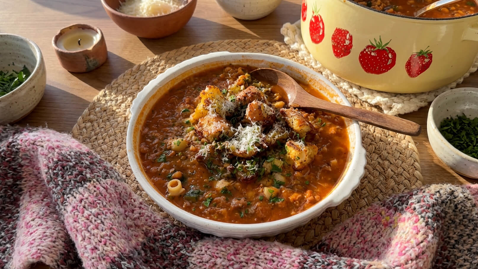 Ein Teller mit herzhaftem Eintopf, garniert mit knusprigen Brotwürfeln und frisch geriebenem Käse. Er steht auf einem Tisch, umgeben von frischen Kräutern, einem Kerzenlicht und einem Topf mit einer weiteren Portion Eintopf. Eine warme, einladende Atmosphäre.