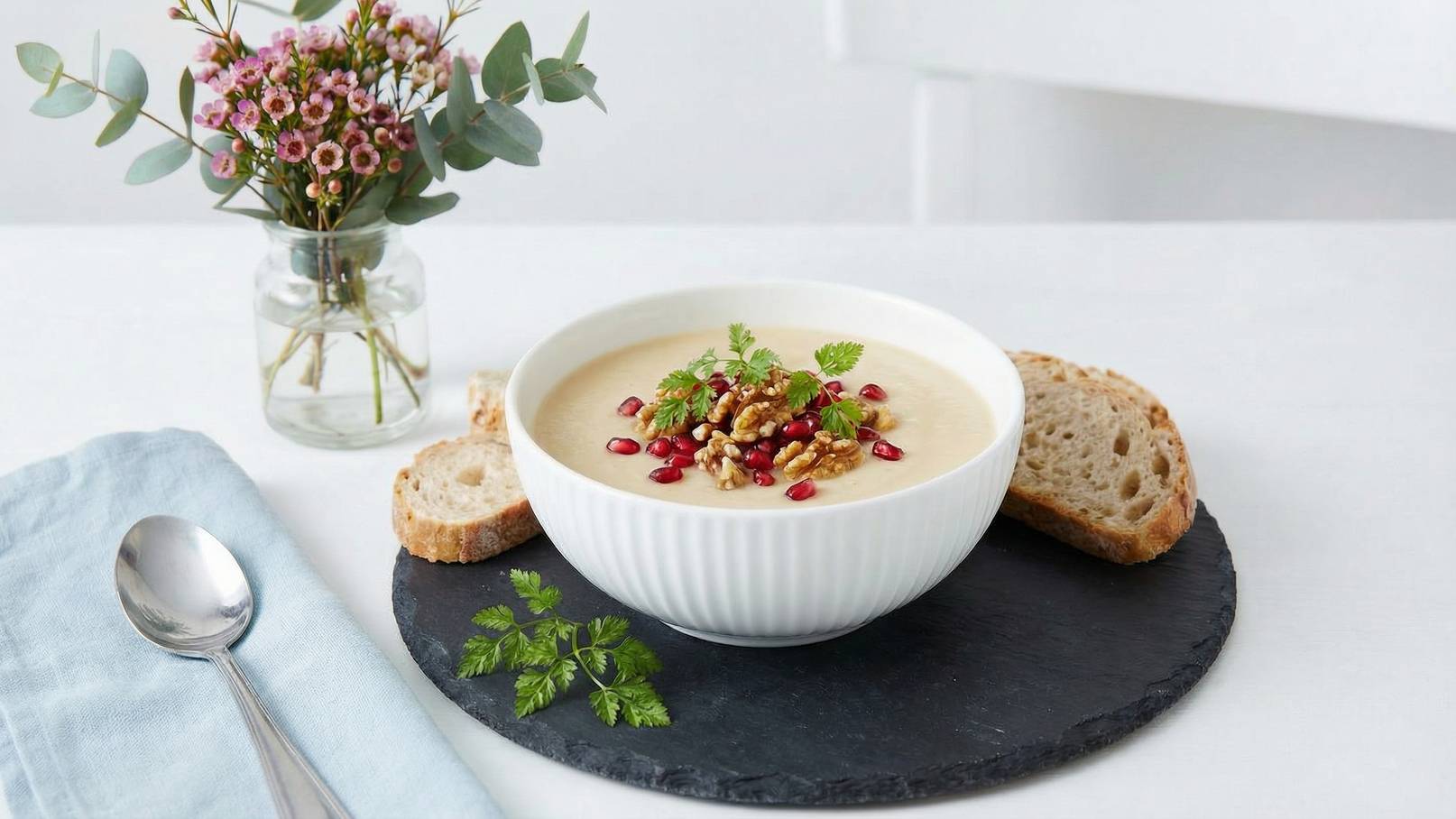 Eine weiße Schüssel mit cremiger Suppe, garniert mit Granatapfelkernen und frischen Kräutern, steht auf einem schwarzen Steinuntersetzer. Neben der Schüssel liegen zwei Scheiben Brot und ein Silberlöffel auf einem blauen Tuch. Im Hintergrund steht eine kleine Vase mit bunten Blumen.