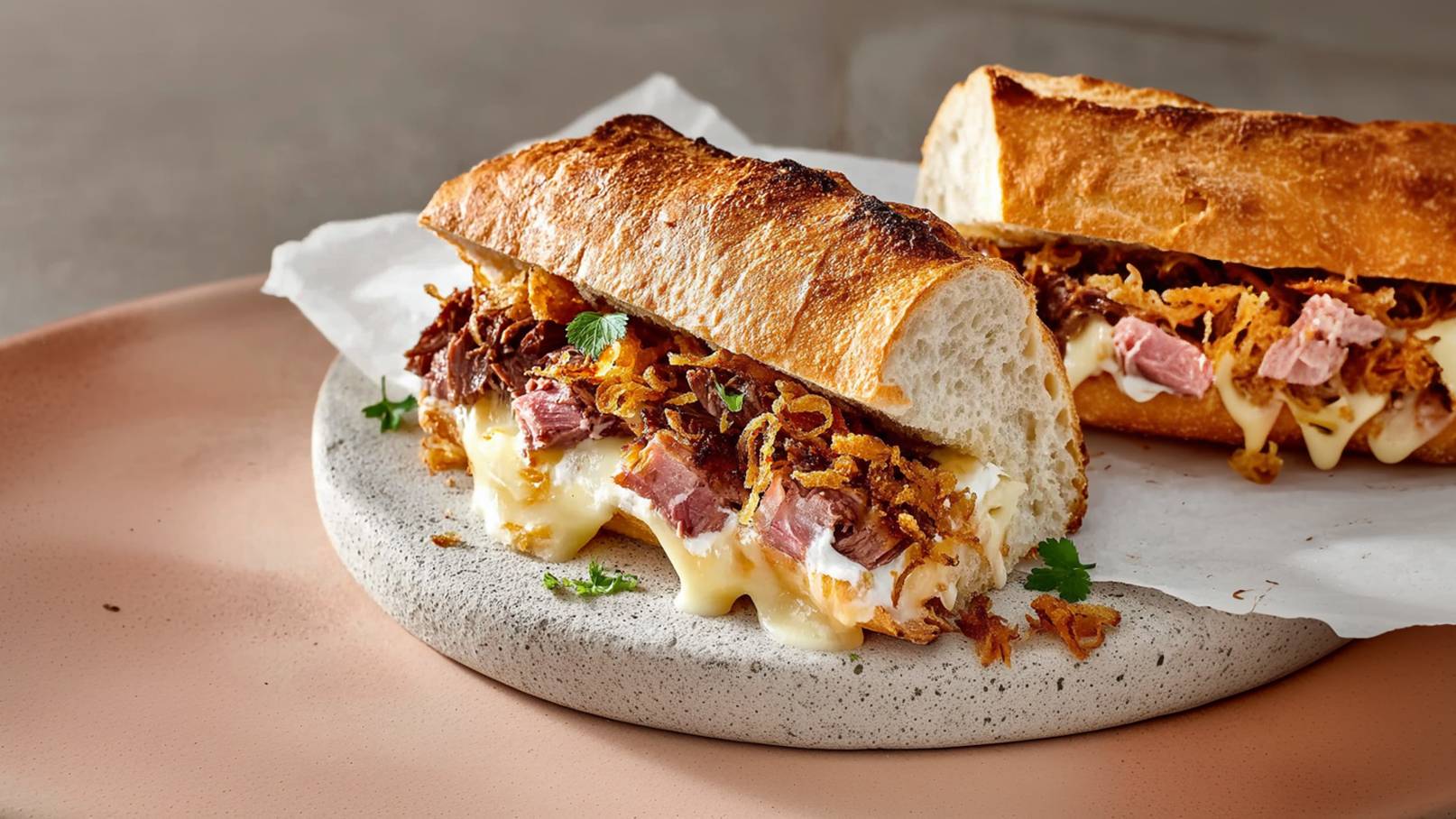 Ein nahes Bild eines belegten Baguettes, das mit zartem Fleisch, geschmolzenem Käse und knusprigen Zwiebeln gefüllt ist. Das Baguette liegt auf einem grauen Steinuntergrund und sieht frisch und appetitlich aus.