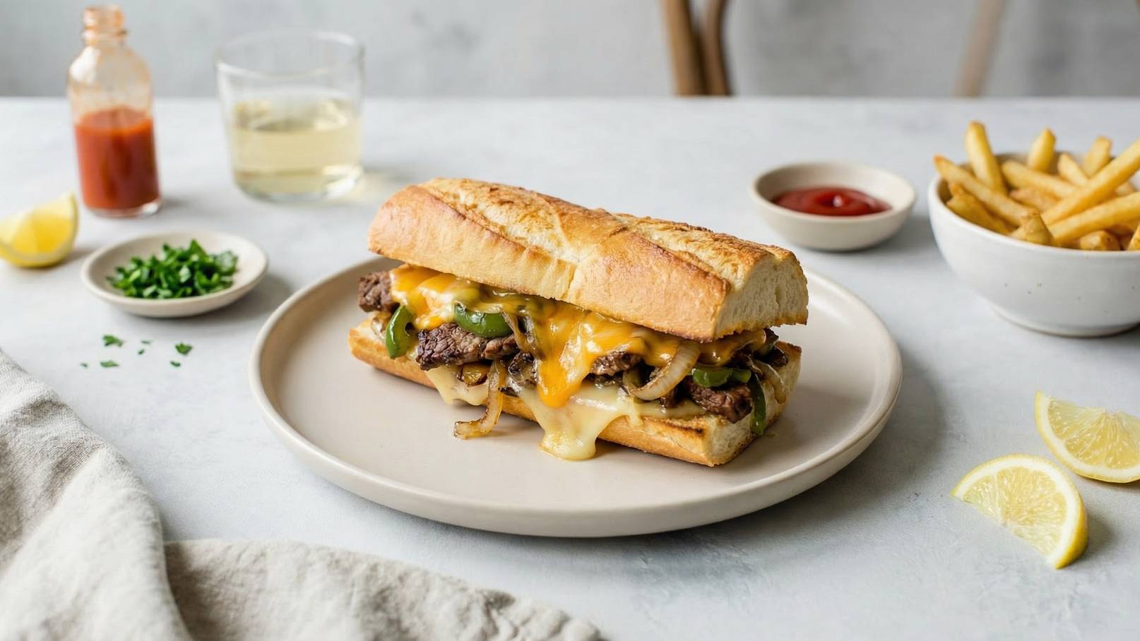 Ein belegtes Baguette liegt auf einem Teller, gefüllt mit saftigem Fleisch, geschmolzenem Käse und Gemüse. Daneben befinden sich Pommes frites, ein Glas Wasser und kleine Schalen mit Sauce und frischen Kräutern. Zitronenscheiben sind ebenfalls auf dem Teller platziert.