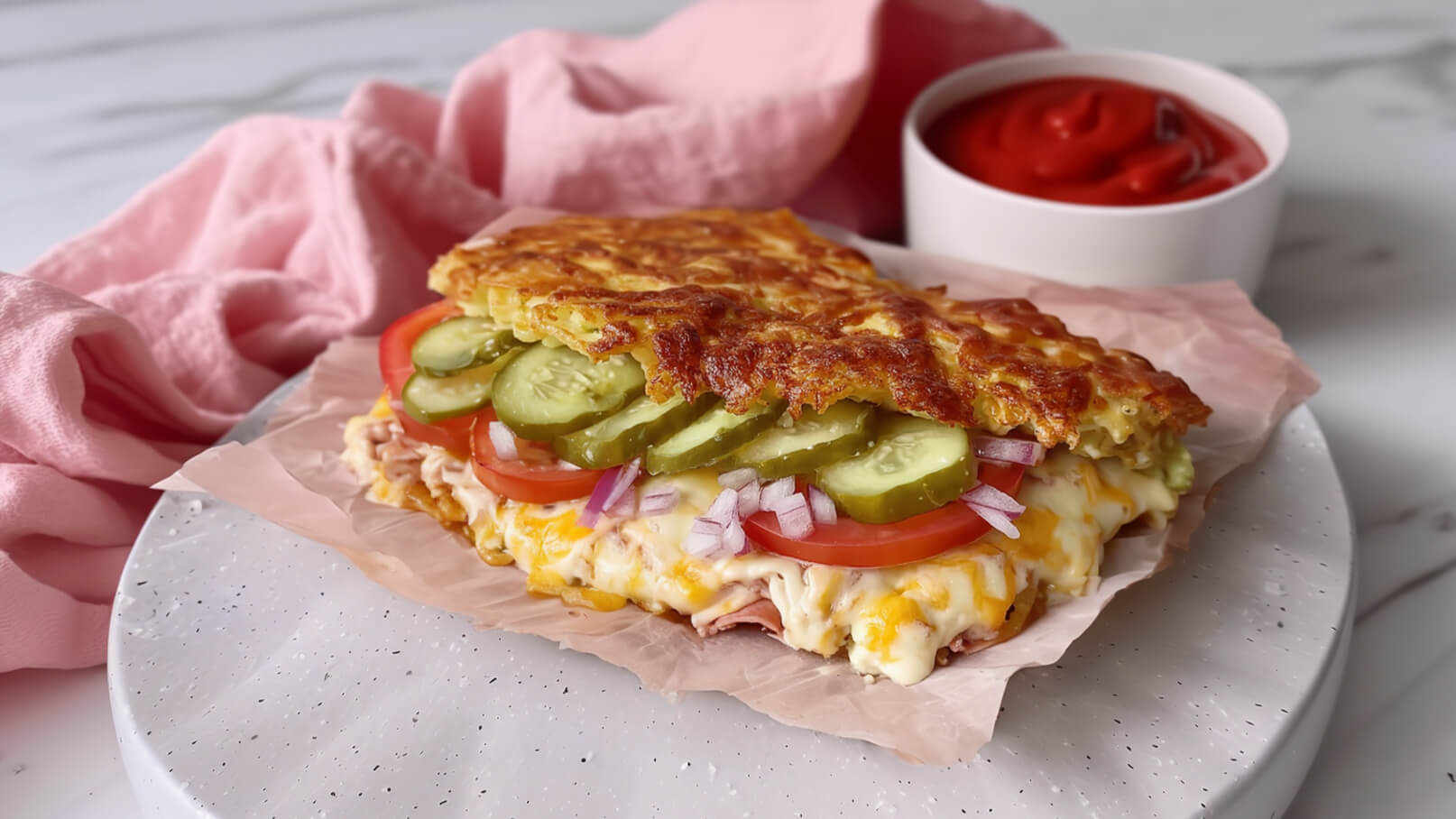 Ein Belegtes Brot auf einem Teller, belegt mit geschmolzenem Käse, geschnittenen Tomaten, Gurken und roten Zwiebeln. Neben dem Brot befindet sich eine Schüssel mit Ketchup. Der Hintergrund ist weich und zeitgenössisch.