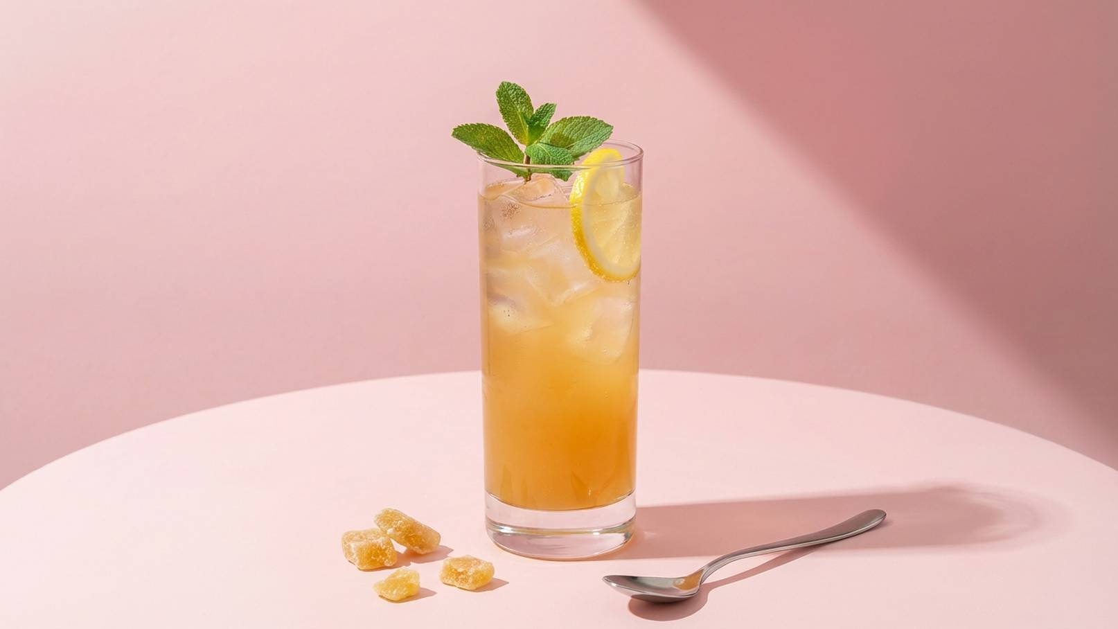 Ein hoher Glasbecher mit einem erfrischenden Getränk, das Eiswürfel, Zitronenscheiben und frische Minzblätter enthält. Neben dem Glas liegen einige Stücke Kandiszucker und ein kleiner Löffel auf einem runden, rosa Tisch.